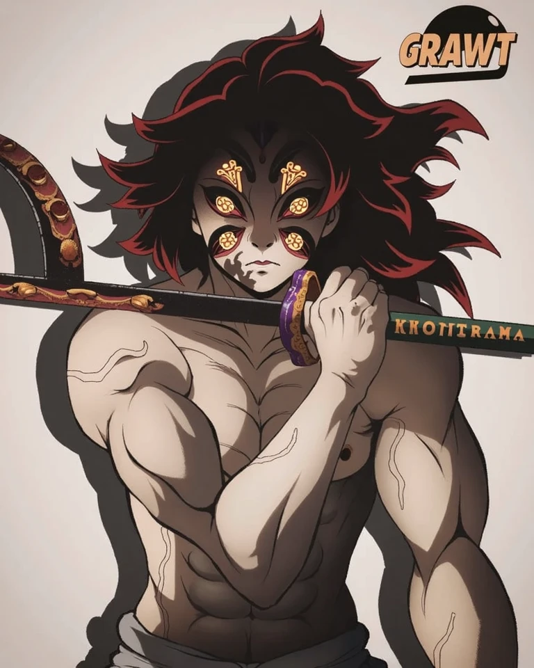 Female, dark skin, tall, muscular body, long red hair, serious expression, black horns, tribal tattoos, lumberjack outfit, forest background, ONE PIECE inspired anime lines, bathed in drama, incredible lighting, infused with creative details, ultra-fine 2D drawing, incredible scenery, bathed in creativity, boasting anime resolution clarity, anime graphics, high octane rendering