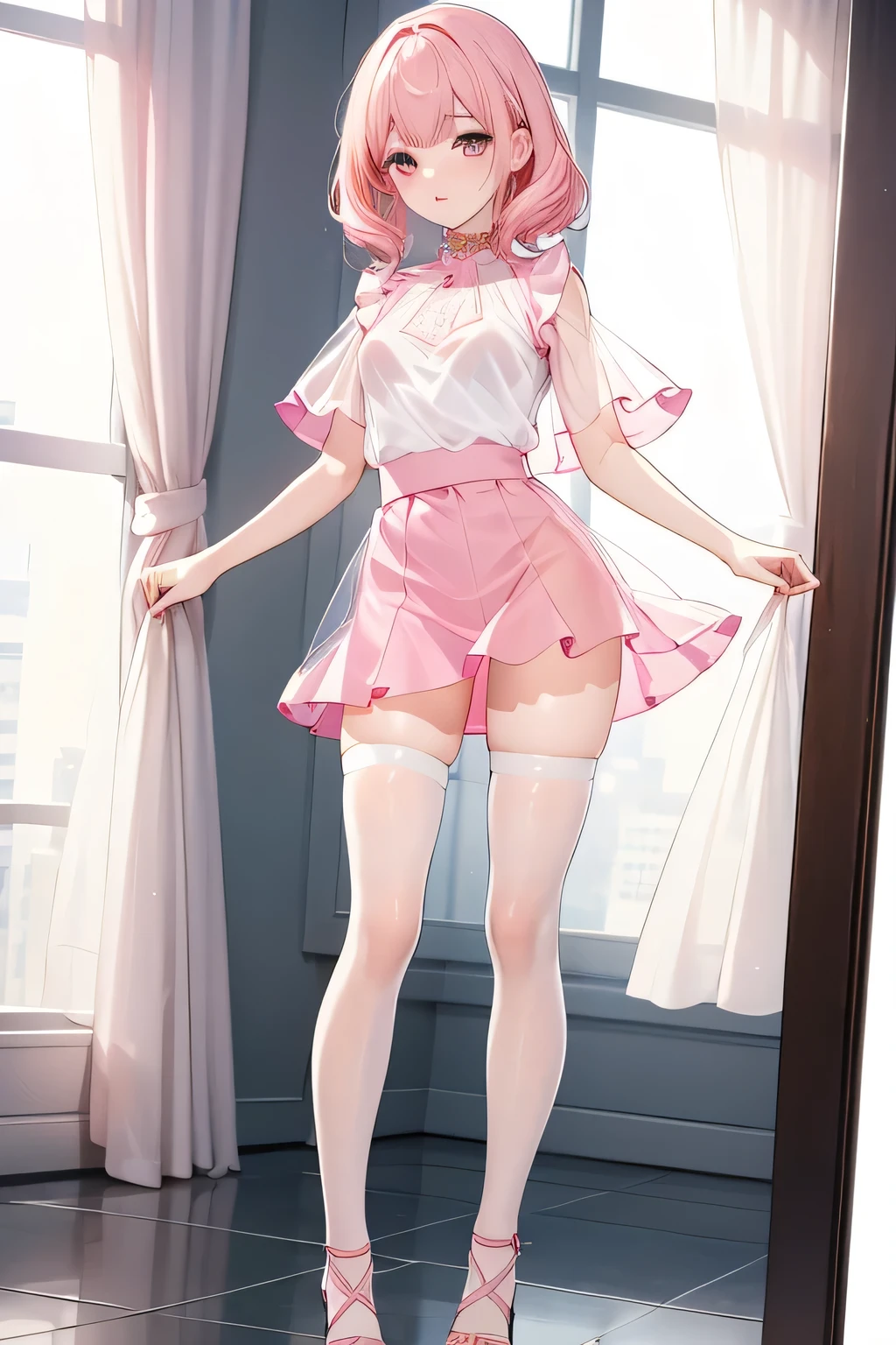 (masterpiece), best quality, perfect face, 1girl, mature woman, leaning forward, long grey hair, large breasts, hanging breasts, cleavage, narrow waist, lolita, stewardess, ((ultra short skirt:1.2)), choker, very small shirt, pink skirt, tight skirt, full body, white high heels, garters, lace stockings,long and slender legs, beautiful legs,erotic
