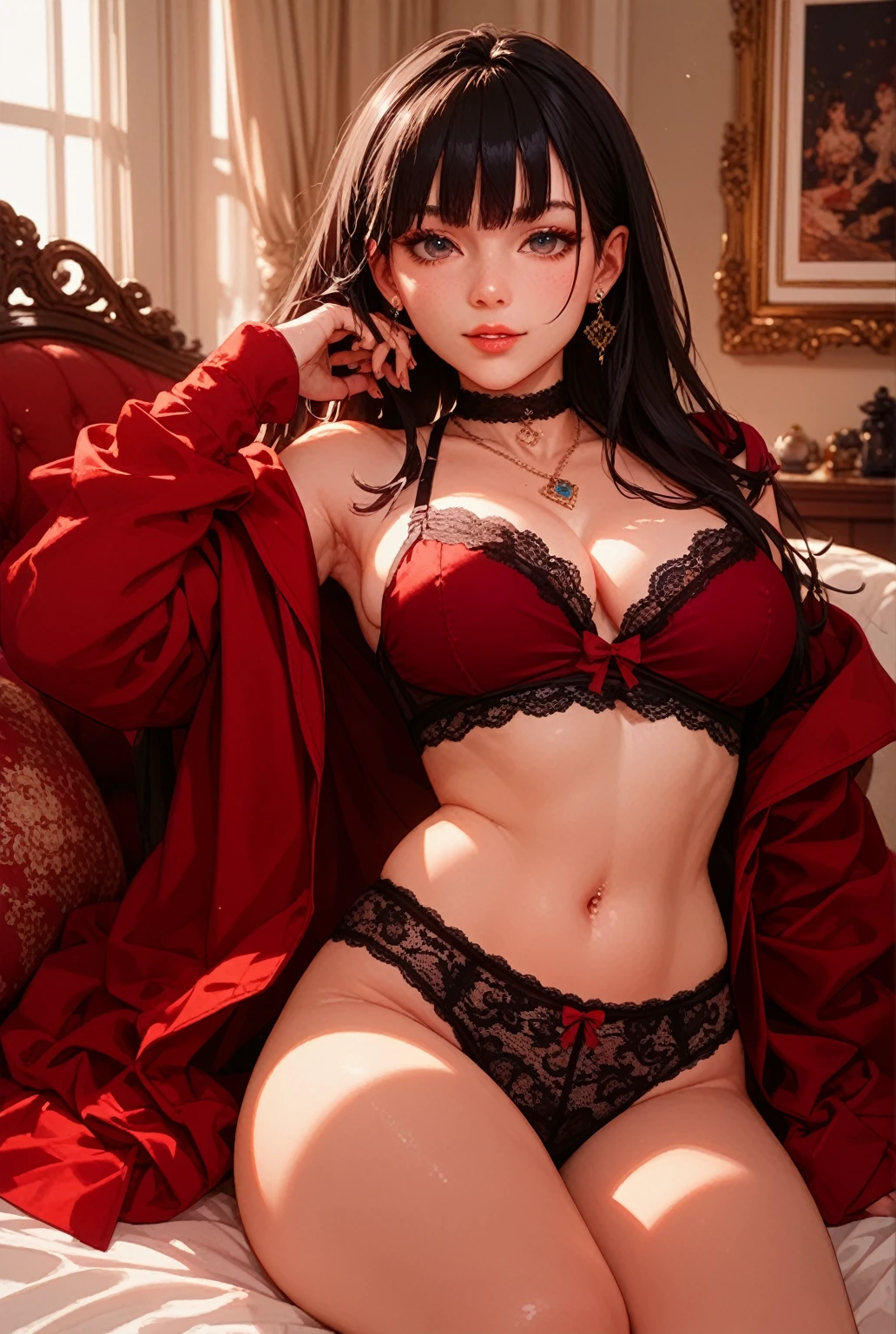 3D version of middle-aged sexy and mature aunt,Wearing glasses and a red pendant necklace,face flushed,A relaxed and enjoyable expression。She is wearing a lace suit jacket,The breasts are faintly exposed under the purple gauze sexy lingerie,The black silk sling is particularly attractive,Sexy anklets hanging on the ankles,Wearing strappy fish-mouth sexy high heels。She is lying on the princess bed in the bedroom,Spread and arch your legs,Revealing dark and thick body hair and ??????,Red liquid is flowing out。