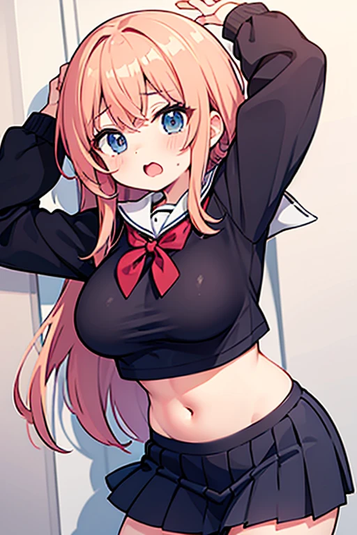 score_9, score_8_superior, score_7_superior, score_6_superior, an awesome wallpaper with art and kinky character on the left side with hearts on it, 1girl, breasts, one eye closed, long hair, animal ears, green eyes, thighhighs, blonde hair, solo, heart, navel, smile, open mouth, sweater, very long hair, pink hair, large breasts, underboob, white background, arm up