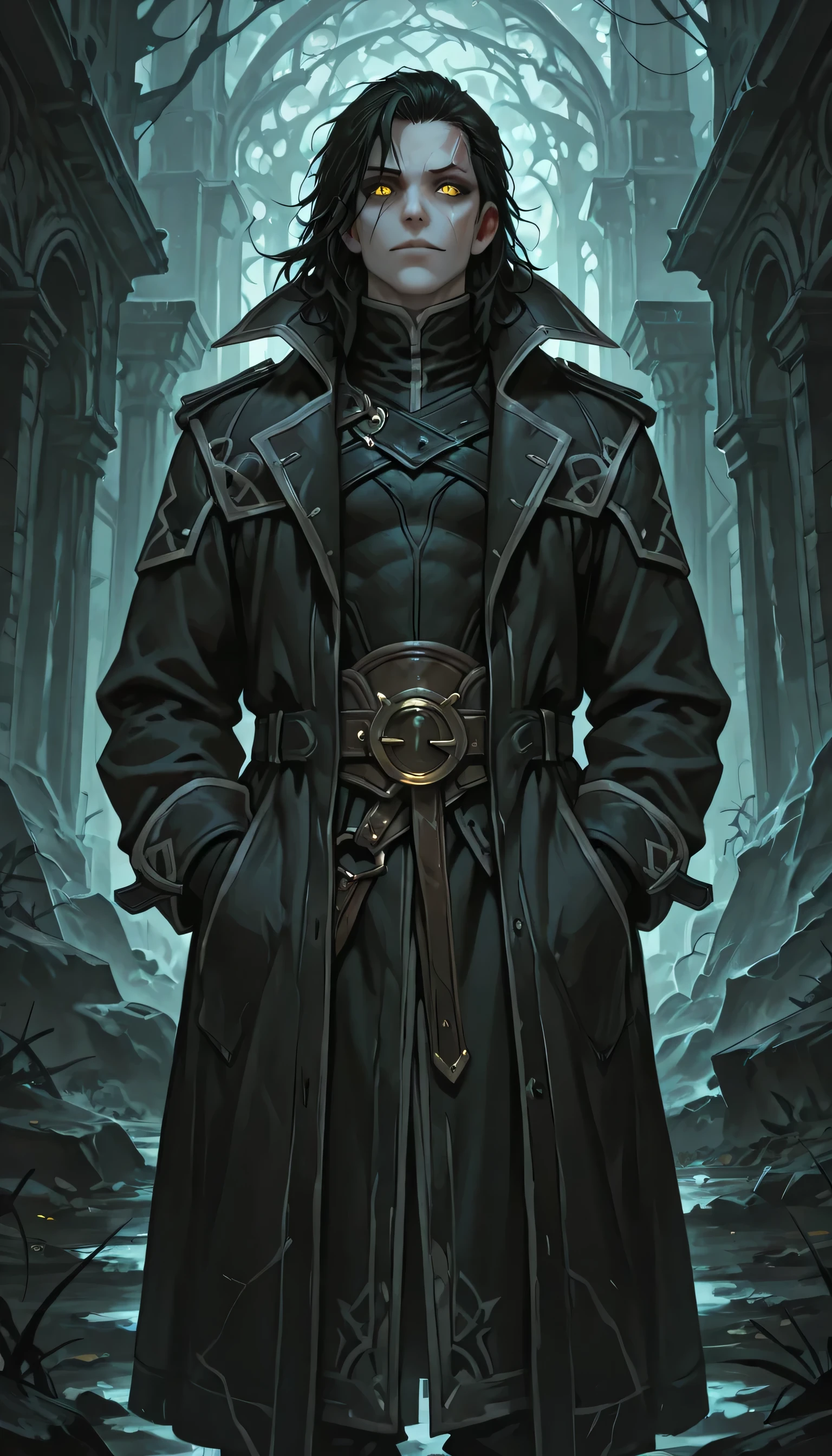 masterpiece, best quality, amazing quality, very aesthetic, fantasy setting, dnd character, human, male, absurdres, newest, scenery, extreme detail, 8k, dramatic and somewhat sinister appearance, detailed eyes, detailed face, yellow eyes, scar on face, face with pale complexion, wide sinister smile, short black hair, long dark coat with a high collar, form-fitting black outfit under coat, adventurer warlock, bear body type, ominous vibe, eerie atmosphere, calm pose, athletic, hands in pockets, pose and expression suggest a sense of power or control, BREAK background is simple and muted, with a gradient effect and soft, neutral tones. Portrait