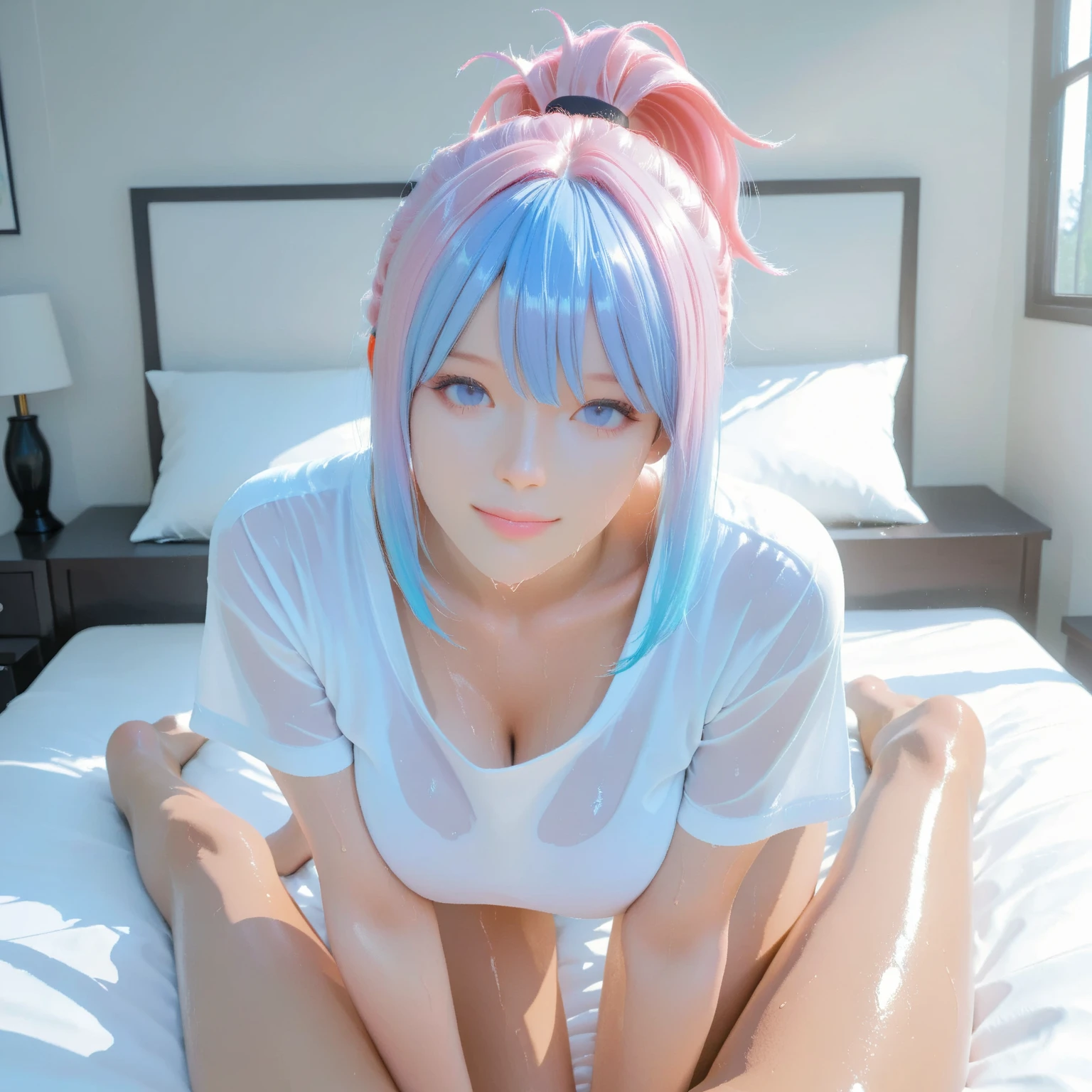 Naked milf with big tits with pink hair and pink vagina lay on the bed With a face with a tongue sticking out and a sticky in his mouth