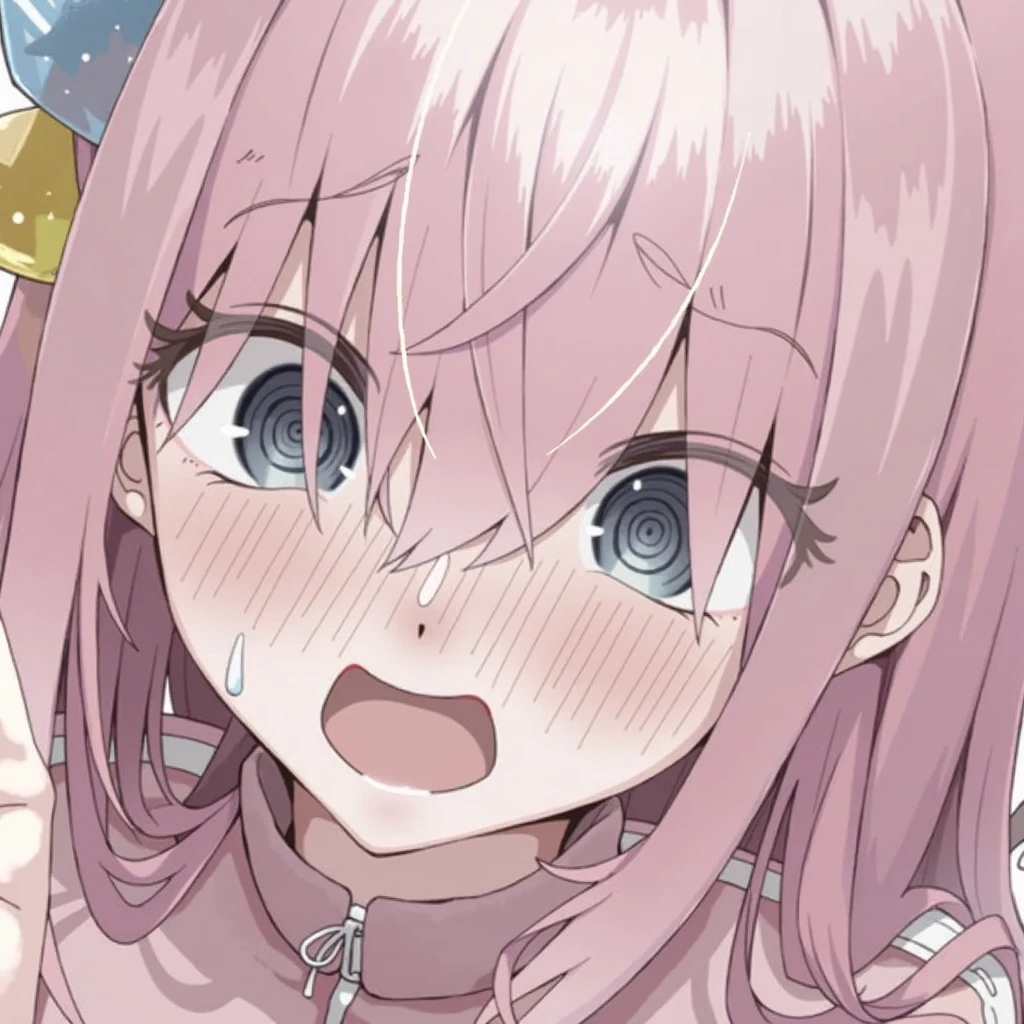 Grit your teeth、Eyes Wide Open、Raise both shoulders、Writhing、、Girl with pink hair、blue eyes、