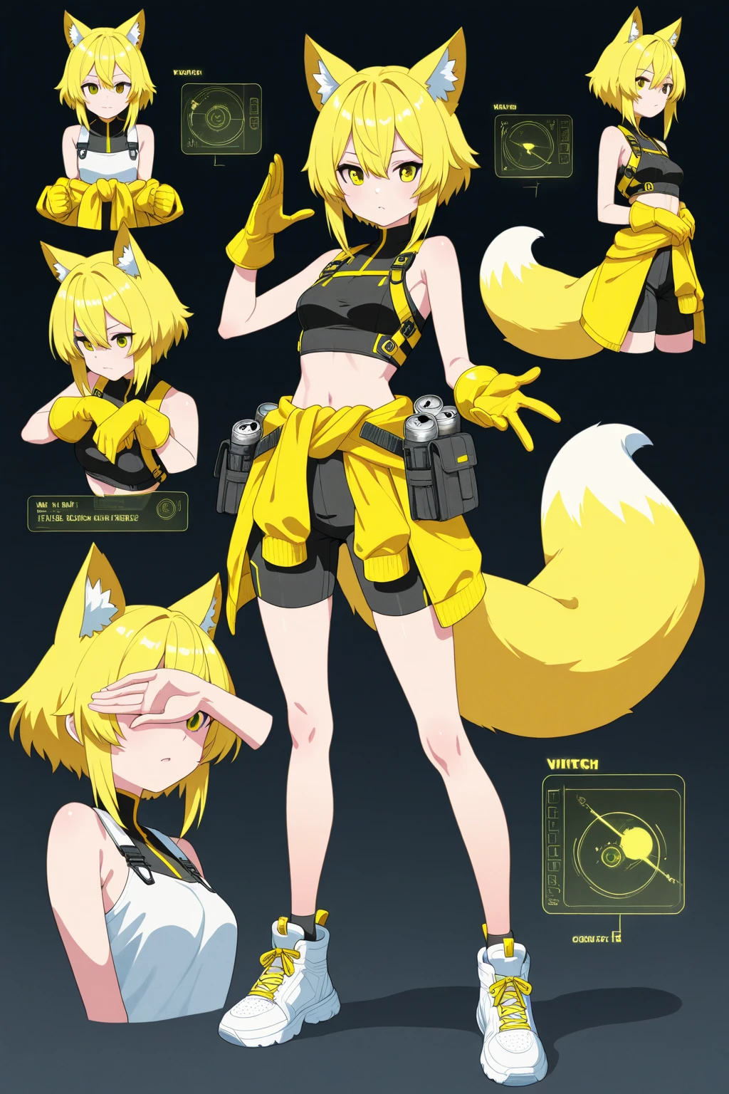 masterpiece,(best quality) magical girl,Lazer gun, yellow, spikey hair, medium sized breasts, unique design, barefoot,( ( character concept art ) )