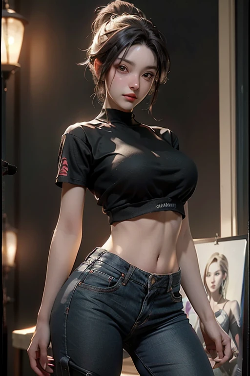 sfw, (masterpiece, best quality, 1girl, solo, intricate details, chromatic aberration), (realistic),(skin), ((breath)),(black hair,blunt bangs),detailed hair, red head ornament, blue highlights, hair over one eye,black eyes, small earrings, sharp eyes, choker,((black crop top )),(black skirt),(belt),open waist,(symmetry eyes),(perfect symmetrical body), night,(((natural light))),backlighting,against grey wall, dim lighting ,look at viewer,((centered shot, from front,(face and waist)))、 wearing bra,((skinny waist)), young asian girl, ((big breasted)),