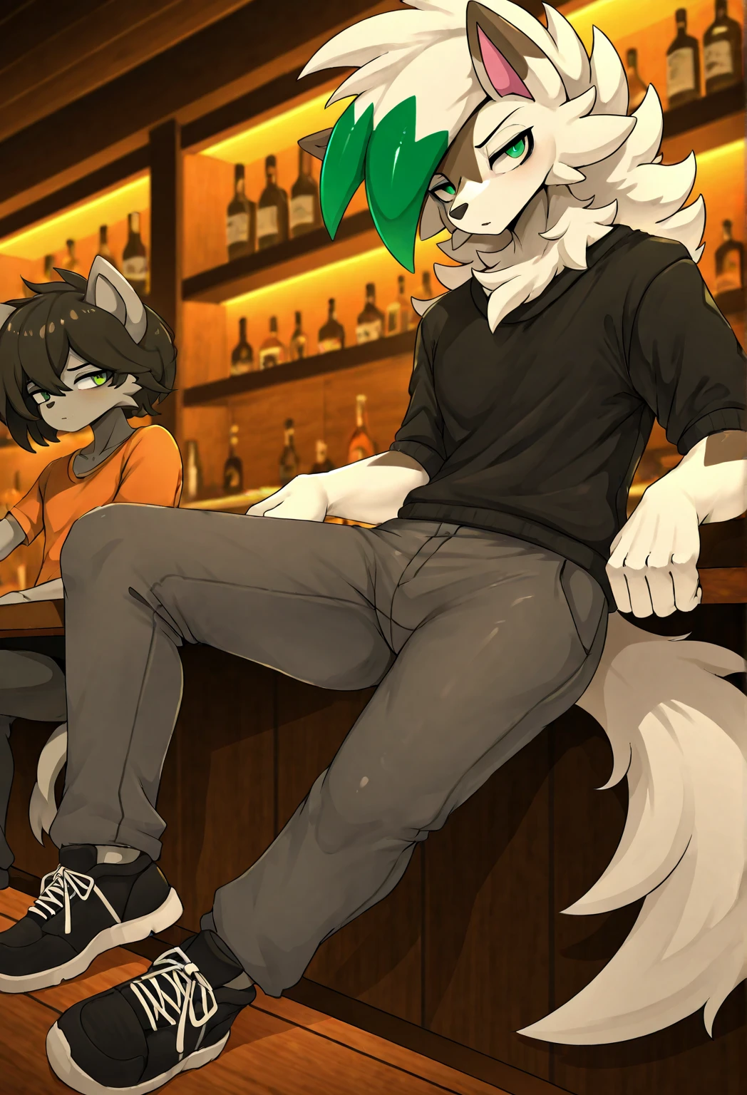 The furry wolf has light gray fur and bright red eyes., Full of life and mystery. He wore a black trench coat that gave off a feeling of elegance and mystery.., Complete with black boots and pants to go with his look..male genitals,(male genitalsล้นออกมา.)Erection,One shota pressed the other..，orgasm, sex life, He wore an elegant black shirt that highlighted his style.. On his head was a black cloth hat decorated with crows.&#39;feather., And the chain is a striking touch.. He was sitting on a stool at the bar., With a whiskey glass in one hand and the other on the table., Represents friendliness and happiness., But it still maintains a mysterious aura that makes it alluring.. Your posture is relaxed but alert., like him&#39;Always one step ahead of the conversation..