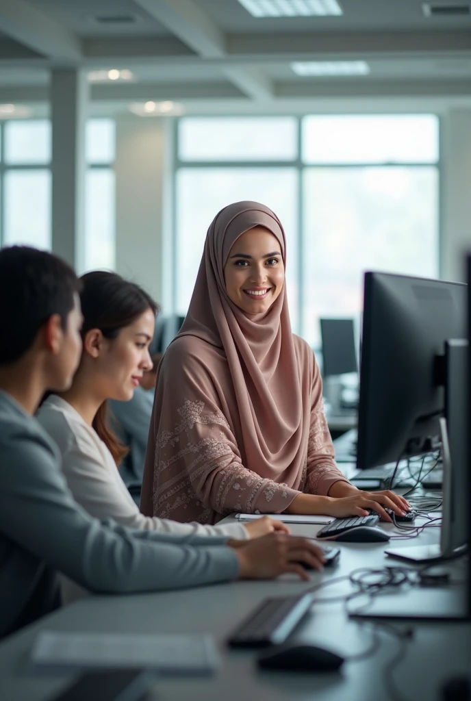 Create a image of computer lab there girls in orange kurta white salwar and white hijab are sitting  practicing with pc and I want environment of image like islamic school 
