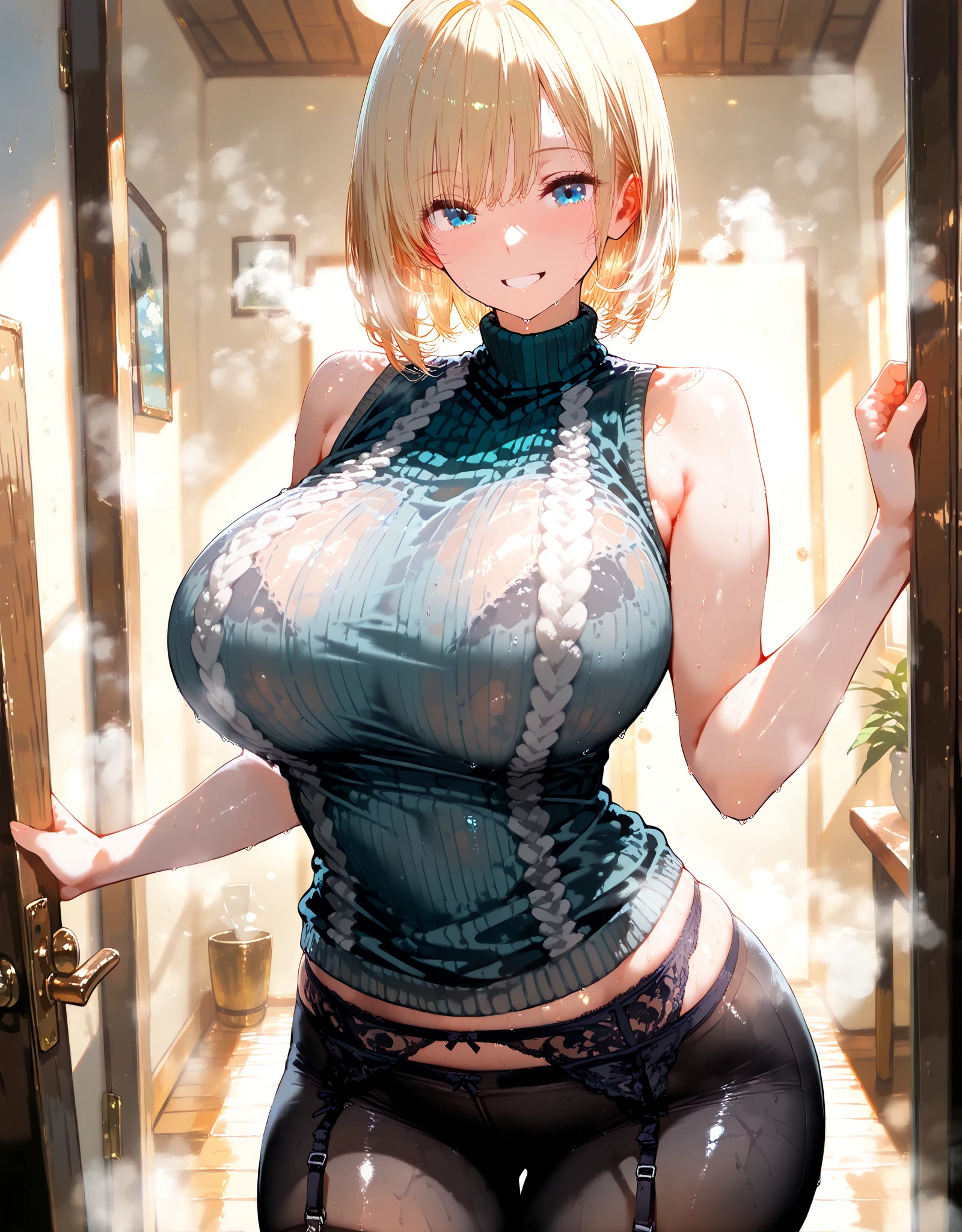 masterpiece, best quality, finely detailed, high resolution, extremely delicate and beautiful, Volumetric Lighting, Best Shadows, Shallow Depth of Field, 1girl, blonde, (huge breasts), Double Hair Bun, (china dress:1.2), (cleavage), pelvis curtain, (wide hips)