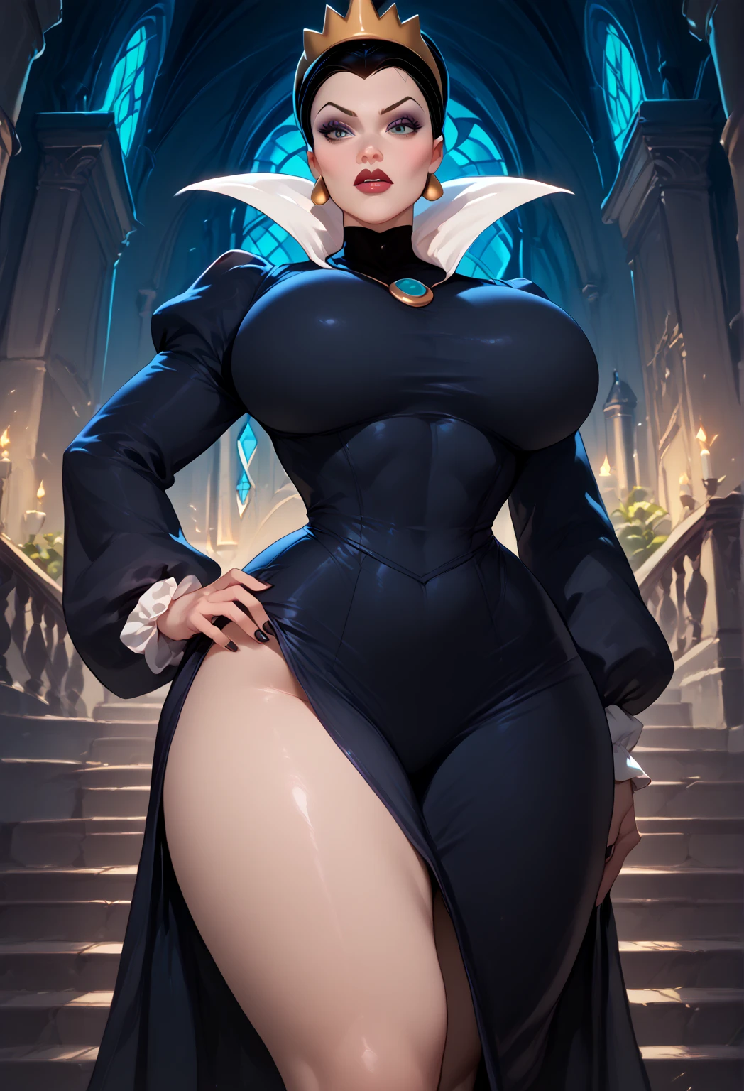 Big breast, big hips, witch outfit, big witch hat, stockings, elf ears, albino skin, blue eyes, head to hip portrait,