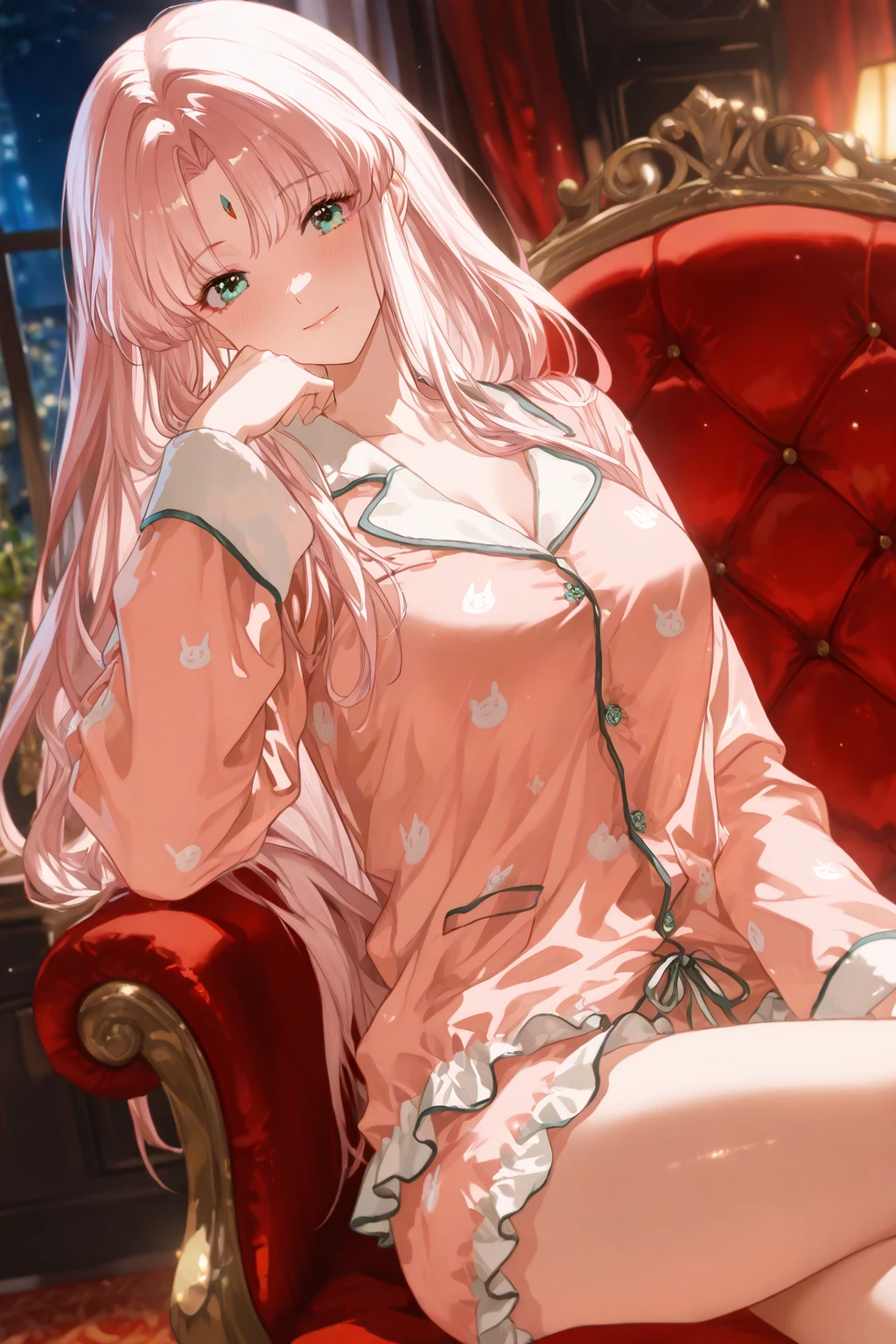 Super high resolution, (Realistic: 1.4), Original photo, 1 girl, ((Best Quality)), (Masterpiece: 1.2), (Delicate Beautiful Girl), illustration, 1 girl, long pink hair, delicate makeup, white shirt, skirt, luxurious room, sofa, red wine, squatting on the ground, blushing