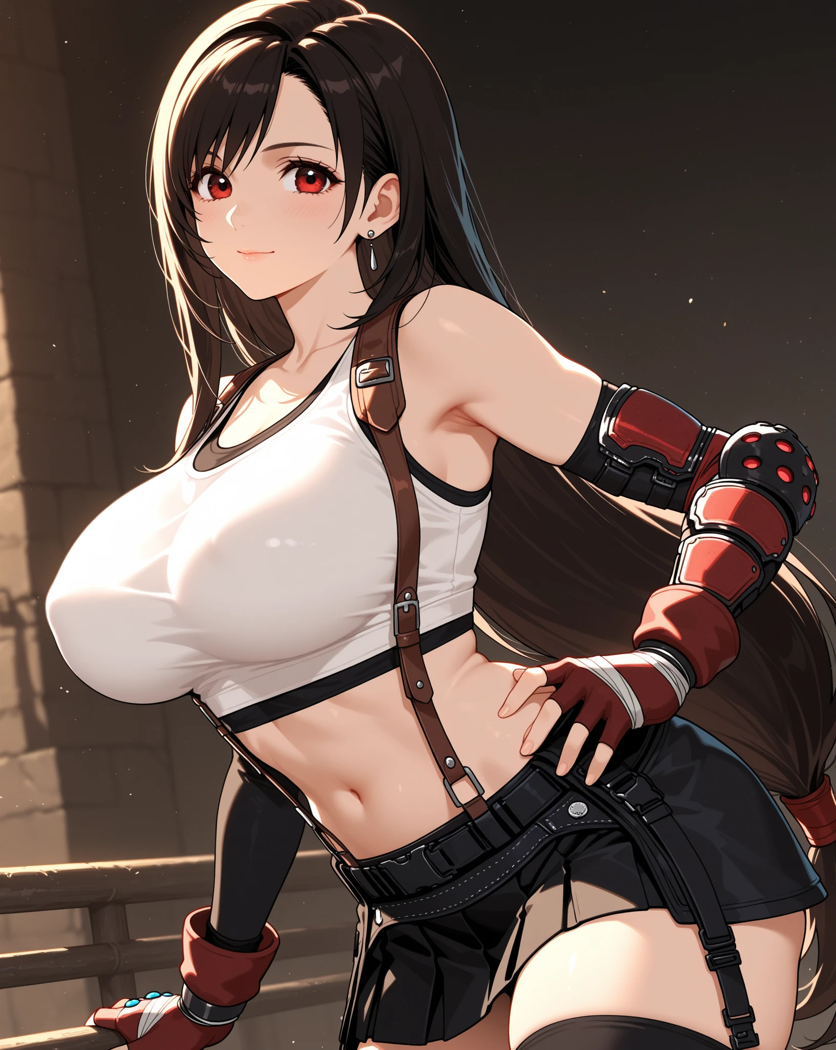score_9,score_8_up,score_7_up,BREAK source_anime, masterpiece, best quality, (recent), perfect anatomy, very aesthetic,photorealistic,　mediumshot,Solo,1girl, tifa lockhart, final fantasy,black hair, low-tied long hair, red eyes, bangs, (white tank top,gap),(High exposure)，the ribs,,(belt, pleated skirt, thighhighs, elbow fingerless gloves, elbow pads, midriff, navel,suspenders.skirt),beautiful waist ,(large_breast:1.3),light smile,fighting stance,,outdoor,star sky,night, skin tight, looking at viewer, depth of field、beautifully lit,great lighting　　