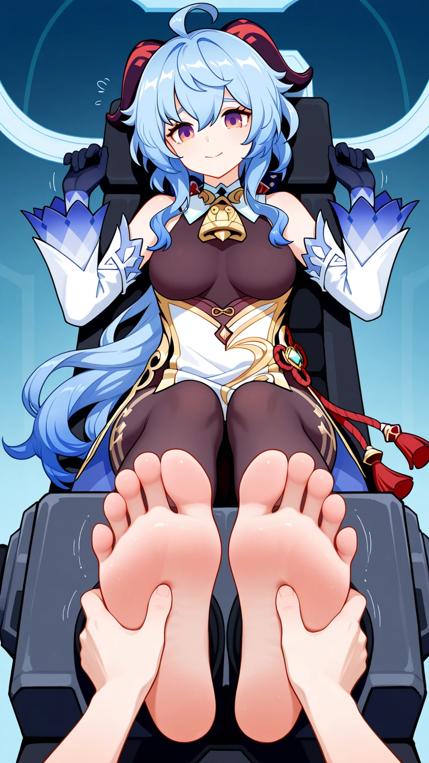 Naked Nessa wearing a muzzle and blindfold getting her feet tickled