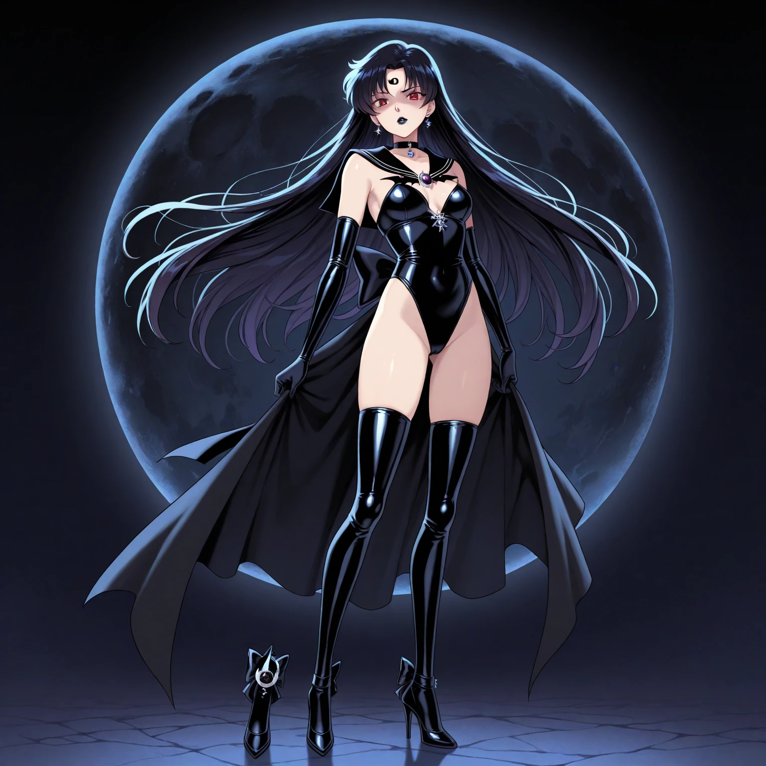 best quality, Ultra high resolution, 1girl, pale skin, vestido preto longo sem mangas, luvas pretas, barriga, gargantilha preta, assustador, cabelos pretos, corpo inteiro, frontal, black hat, anorexic, fino, muito fino, death, Batom Preto,ghost