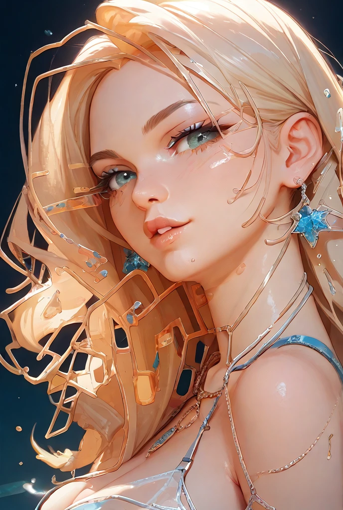 (photorealistic:1.8, highest quality:1.8,8K masterpiece:1.8,High resolution,muste piece:1.8,RAW Photos,cinematic lighting),No split screen, (1 android girl:1.3)、Completely naked、full body tattoo、beautiful big breasts、choker、Nipple piercing、beautiful butt,beautiful thighs,plump nipples、Body painting with a pop design drawn all over the body、pop art design、cutting edge fashion、new york、special art design、nipple design、Ultra-detailed background depicting a beautiful future、Unknown world、art deco、Future、shine、conceptual art、(Beautiful shining blue blonde hair:1.5)