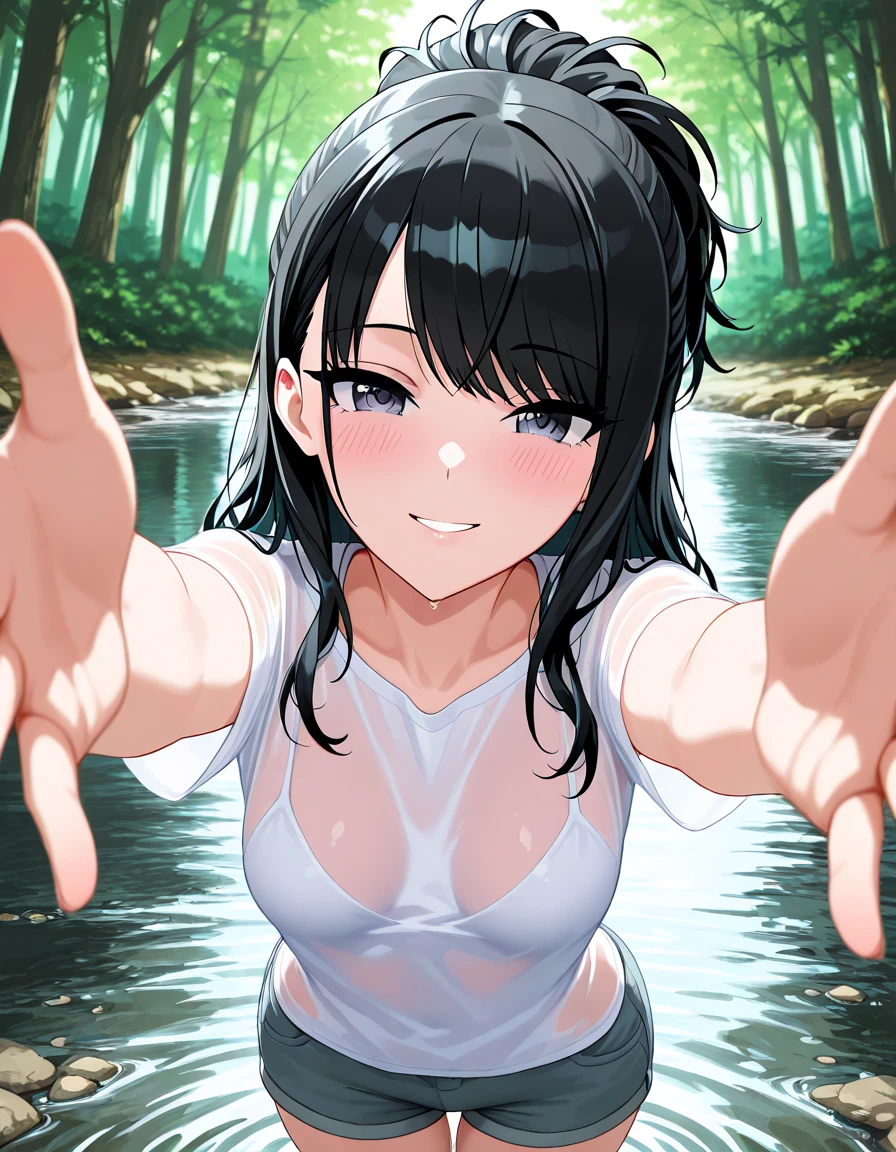 kaai yuki. brown eyes, black hair, ,short twintails, low twintails, short twintails, hair ornament, 11years old , , empty eyes , large breasts, nipple, Running, , Heavy snowfall area　frozen , (Sweating profusely, Love juice, Wet Woman, female ejaculation), crying mountain Alone, crying, Naked, solo, 1girl, Peeing, lactation, projectile lactation