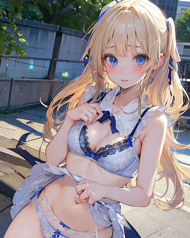 Absurd, Super detailedな,(In 8K:1.3),Masseter muscle area,(masterpiece:1.2)、(highest quality)、4k、Super detailed、(Movement Structure:1.4)、(Shining Lights、Atmosphere lighting), High resolution, Best Quality、(One girl:1.4),Super detailedな,Bright colors、Treebreak Production Art、(Warm color light source:1.2),High-level image quality、Fine image quality、Intricate details,Volumetric Lighting,Realism BREAK、Profile、 Idol face、15 years old、Very beautiful face and eyes, Beautiful images、 natural make up、big eyes、 (Big Tits:1.5)、(Breast bags:1.4), (glossy skin :1.5)、(blonde hair,long hair,braid:1.3), (orgasm face:1.4), Eye color: Dark black 、 (Delicate and detailed、Deep Purple、bra, lowleg panties, lowleg:1.5)、 Plump thighs、 (blue background:1.5) 、 (Baby Face:1.4)、 Beautiful armpits、 arms up behind、 overhead shot
