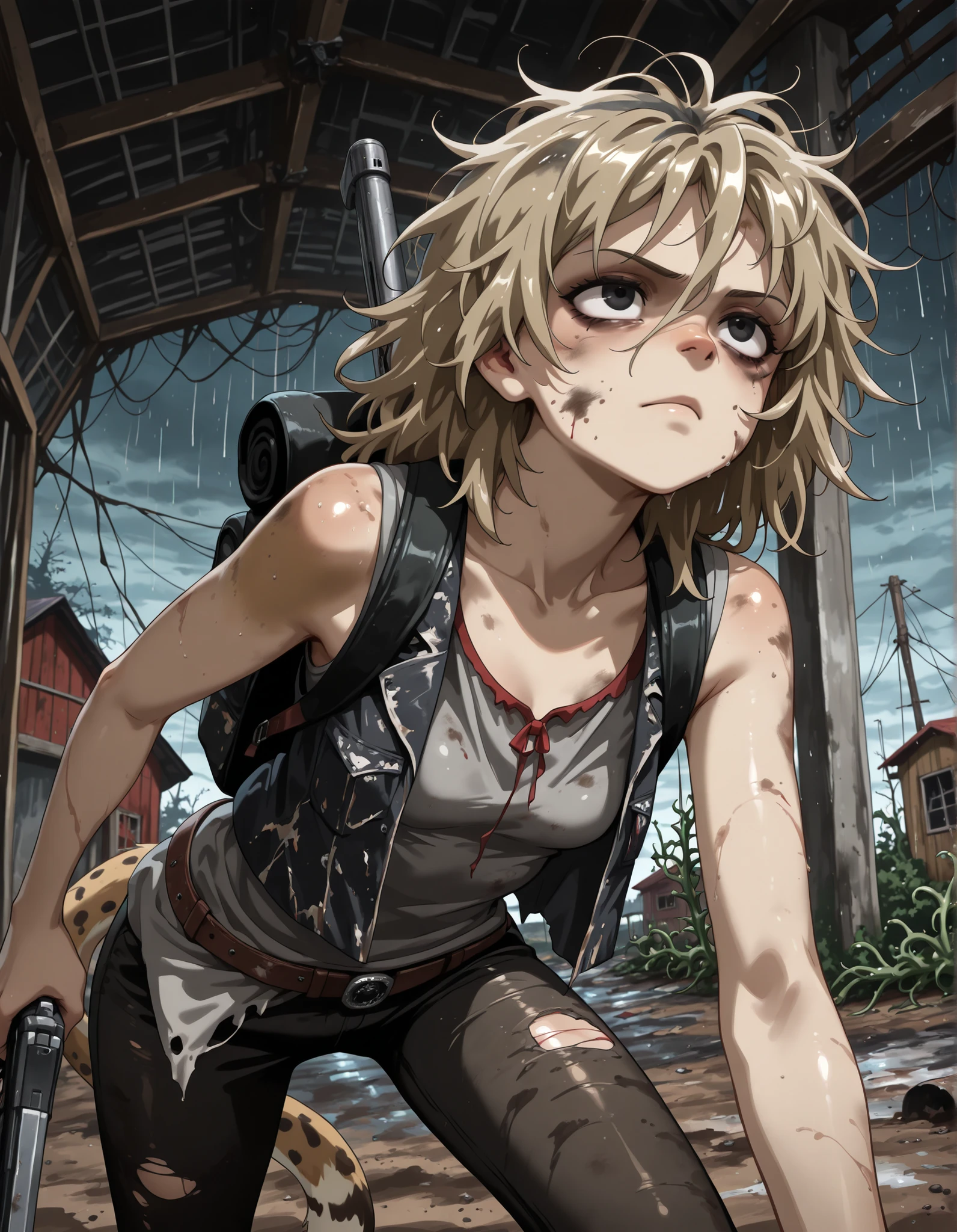 solo, 1girl, alma_capaoculta, small breasts, cheetah, furry, furry female, body fur, animal ears, tail, black eyes, blondie hair, grey t-shirt, open vest, black vest, sleeveless, black pants, belt, (thorn clothing, damaged clothing:1.5), dirty clothing, black backpack on back, ruins, barn, in woods, post apocalipsis, (the walking dead atmosphere:1.7), rain, grim, night, dark, shaded, shaded face, in shadow, dynamic pose, leaning forward, legs apart, holding pistol, tired, serious expression, bruises under eyes, (messy hair, dirty hair, dirty body, dirty face, dirt on face:1.3), bloody clothing, closed mouth, looks away, close up, three quarter view, upper body, three quarter view, dutch angle,