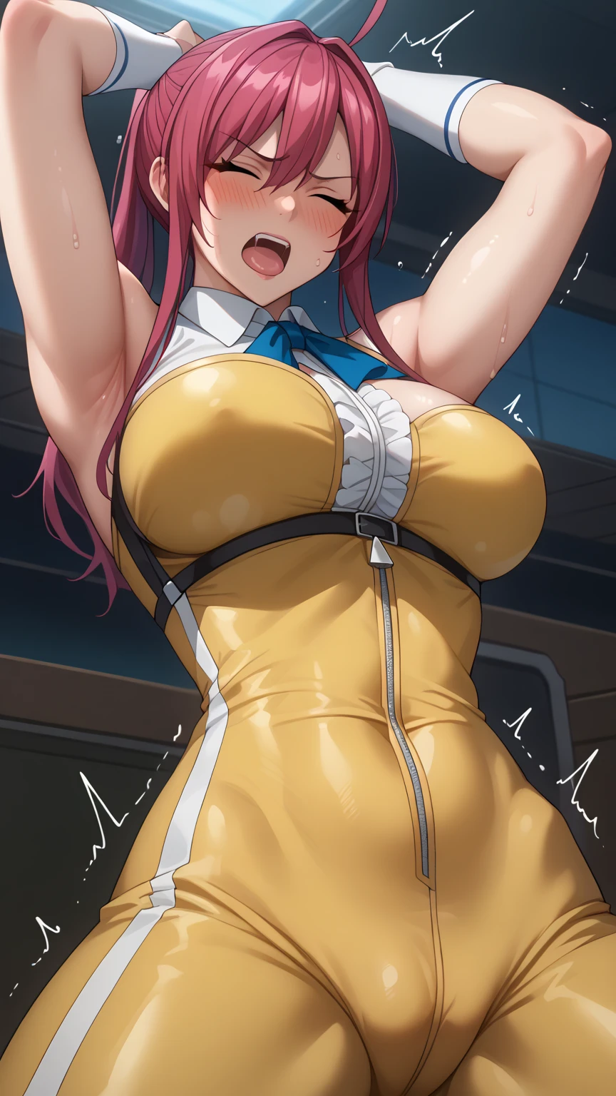 score_9, score_8_up, score_7_up, source_アニメ, sakimiya iruka, red hair, green eyes, one side up, medium hair, green scrunchie, hair ornament, shiny skin, rating_explicit, big breasts, large ass, Race Queen, black pantyhose,(scared),(tears:1.3), open mouth, shout,(sweat:1.2),(steam on body, heavy breathing), (trembling:1.5), drooling, bouncing breasts, unaligned breasts,(motion lines:1.4), (motion blur:1.6),(pussy juice, Squirting:1.4), (arched back:1.2), looking up, navel, groin, clitoris, pussy peak, man standing, hetero,(troll:1.2), (1man, vaginal penis, open legs:1.2),(huge penis:1.7), (hip grab),(cum in pussy:1.5), excessive cum, (facial, cum on hair:1.2), cum string, pole dance, on stage, (from above:1.3), full body
