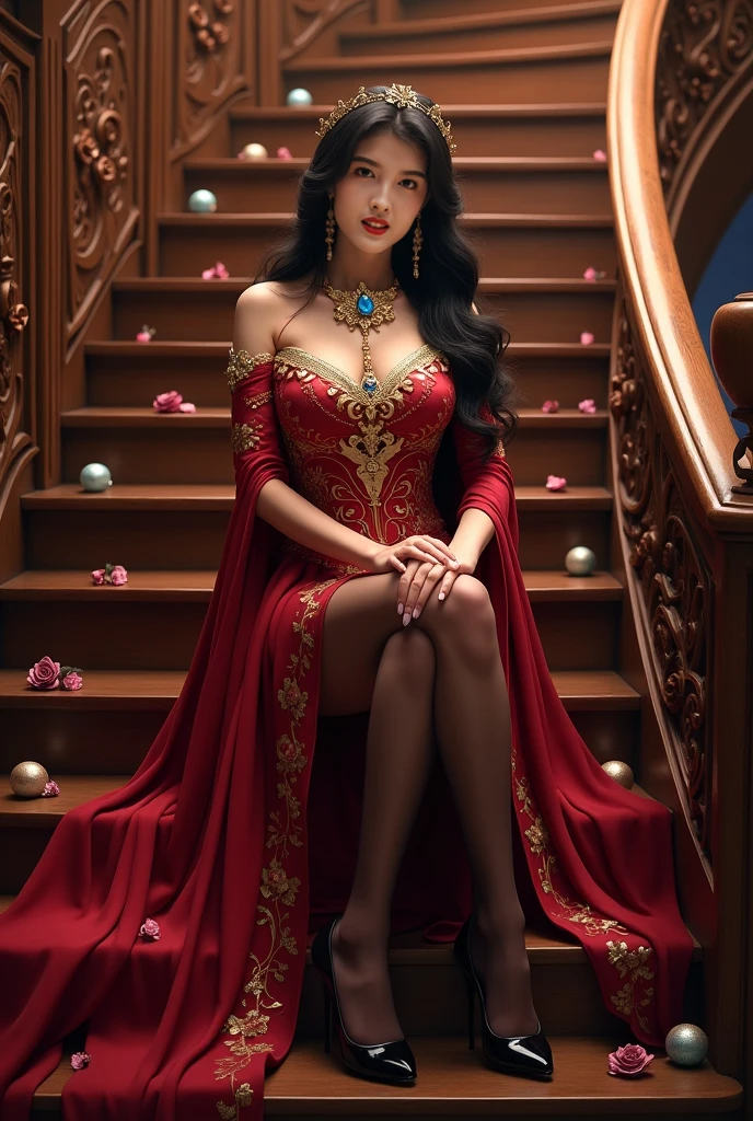 Beautiful girl in red high heels１７A man is sitting with one leg crossed on a chair、((Straight black hair down to the floor））、Shiny hair、Lavish decoration、Arabian Style、National costume、Black satin pantsuit、Diamond gold embroidery、Arabian Styleの室内、Candlelight、choker、、necklace、
、Sash belt、Dark Skin、Arab&#39;s royal style、turbaned((Close-up of feet））、Golden Eyes、Bracelet、bracelet、anklet、Skin is visible under the hem of the antz、Red high heels with jewels、A chair with a slightly long back made of ebony、Flower sculpture、Legs thrown forward、Black toenail manicure、Nail Art、((((Red pinheal,)))
Super Tilt Angle、far and near method、high heels up、masterpiece、Ultra-high resolution、Precisely、Detailed and beautiful

