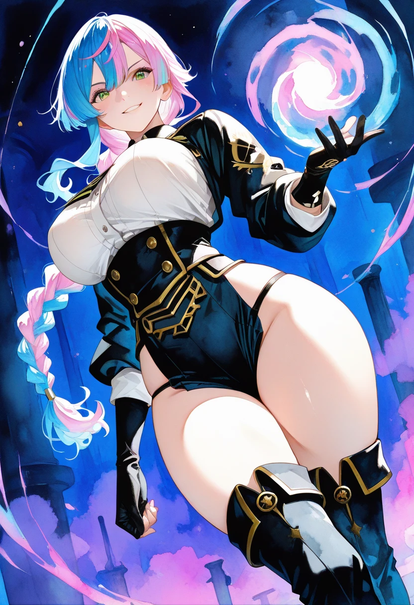 4K, A high resolution, Best quality at best, masterpiece, perfect colors, perfect shadow, perfect litghting, ((sportrait)), 1woman, fit body, heterochromia eyes，rainbow hair , blue eyes, With round lenses, The audience watched carefully, (s face: 1.2), Perfect female figure, ((dynamic pose)), ((rainbow Tight crop top leather suit)), ((shy and looking at viewer)), (Perfect thick white eyebrows) Delicate fur, 详细s face, s the perfect face,  , (dynamic pose), big breast, open half breast