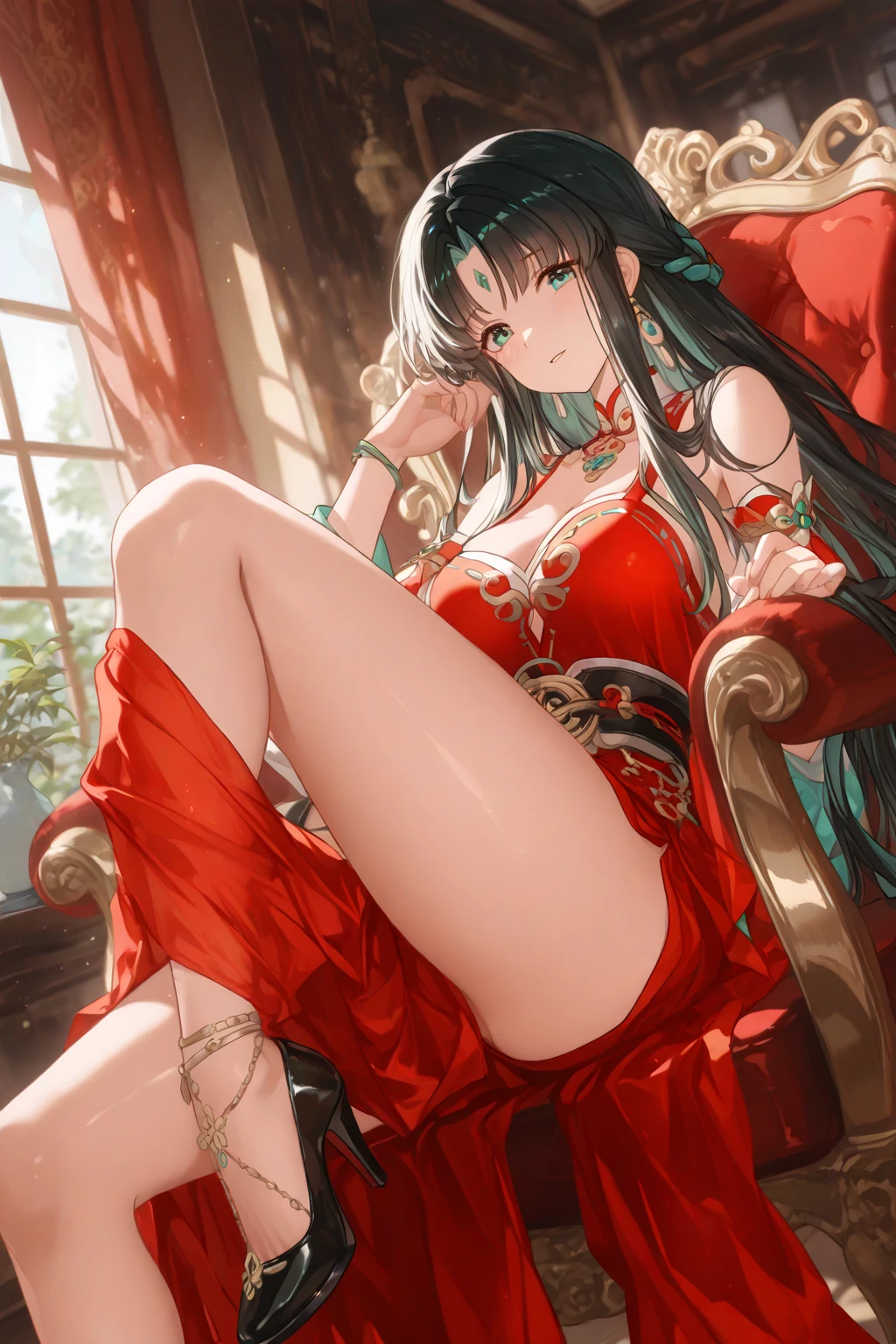 (((Horse Girl))), (((Fine Motion))), 1 person, Thighs, On a luxurious red sofa, (((She's sticking her ass out here))), smile, Completely naked, (((Sexy panties with green embroidery))), High resolution, Her breasts are elegant and large., (((Legs wide open))),