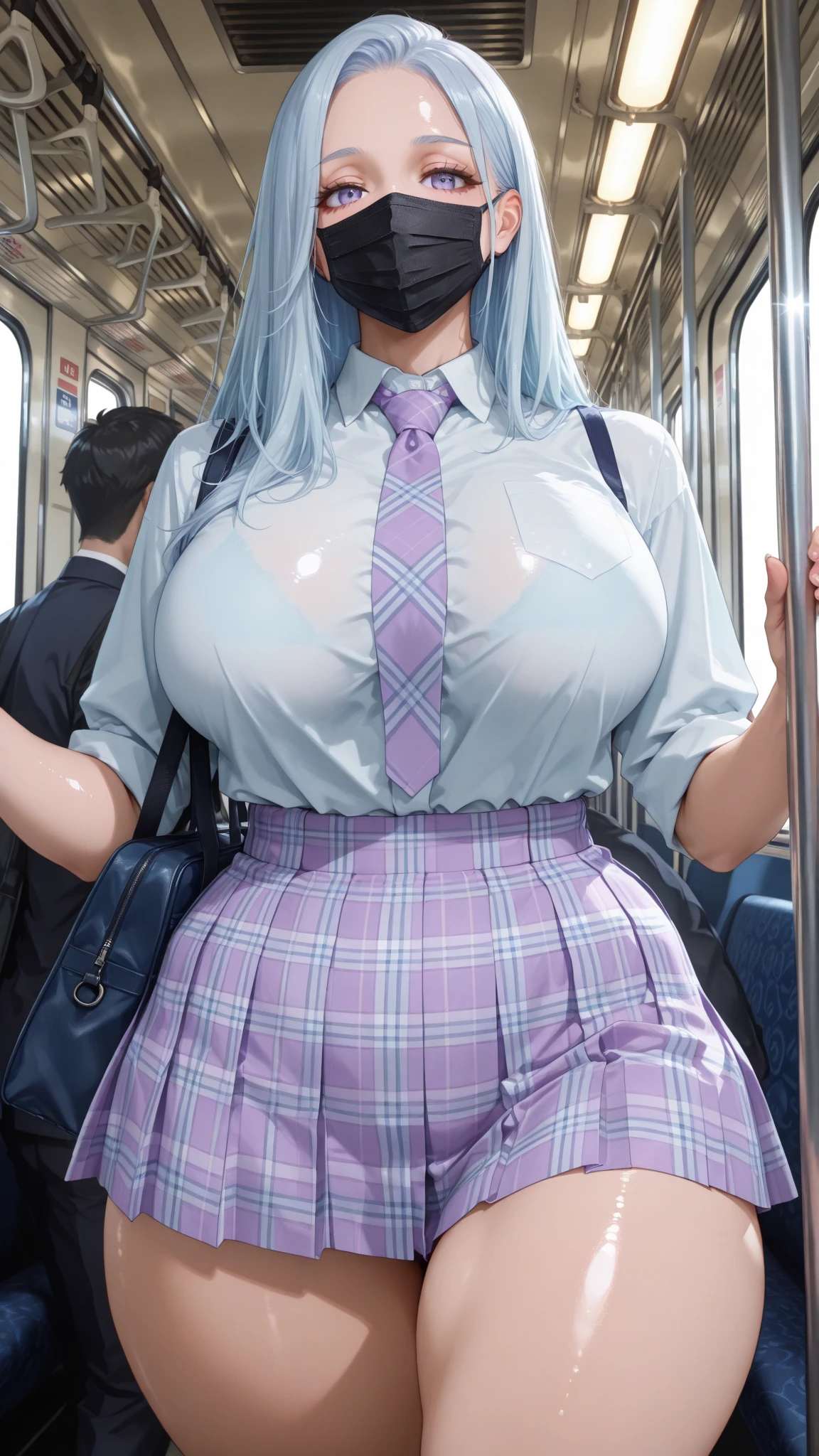 NFSW, (embarrassed,blush:1.2),(saliva:1.3),(out tongue:1.1),(open mouse:1.2),(aroused fece:1.1),(ahegao:1.2),naughty face,masterpiece,(steam:1.3),(sweat:1.5),(oily skin:1.3),very high quality, 4K,1girl, mature girl, mature,gal,GAL, aroused,(emerald light green hair),short cut hair,small fusion medium tits,nobra,braless,(don't expose breasts:1.2),(curvy body:1.2),(purple eye),(armpit sweat stains:1.1),(school shirt cling tightly to the fit:1.2),(clothed very too tight fit very tight long sleeve school white shirt:1.2) ,(clothed sweaty very too tight fit school white shirt:1.2),(dark green plaid pleated high waist school side slit micromini skirt:1.4),choker,hairclip,tuck in shirt,ear piercing,school red ribbon tie,(black very tight thigh-high socks:1.4)),(black lace garter belt:1.2),(lace garter ring:1.2),erect nipples,nipples hard poking see through,full body shot,(standing),(trembling:2.2),(in train:1.5),(crowd:1.5),perfect hand,(female ejaculation:1.3),(hands up head:1.5),(hairy pubic hair:1.7),