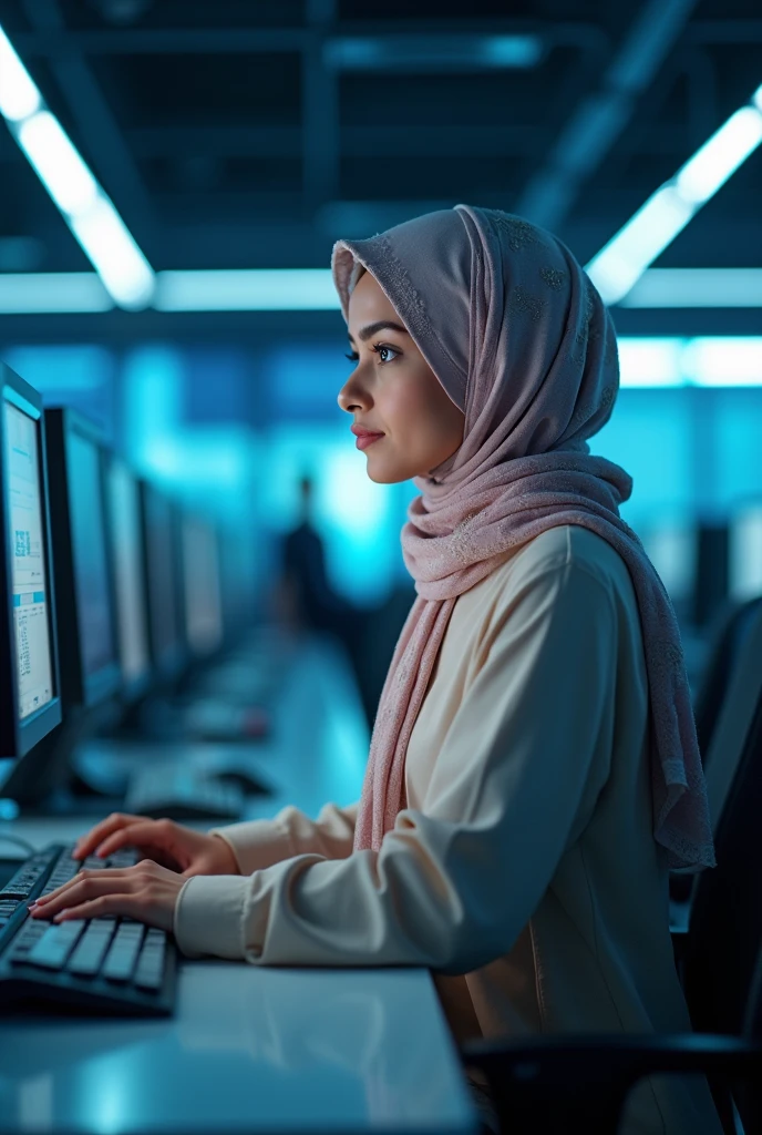Hijabi girl working on computer in office glass full window in background
Sharp colors another