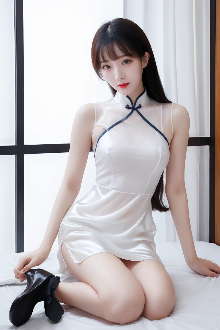 Ultra-realistic 8K CG,s the perfect face,flawless perfection,tmasterpiece,professionalartwork,s the perfect face,beauitful face,beautidful eyes,((Perfect female body)),独奏,(lightand shade contrast:1.5,Bright light:1.2), (Blushlush:0.5),Enchanting expression,There are muscle lines on the thighs,huge tit,depth of fields,photorealestic:1.3, 1girll, Super short erotic white cheongsam, High split cheongsam,Lie down in bed,Both legs raised,hand touching crotch,Facing the camera,full bodyesbian,Exposed breasts,(Buttocks close up),(ambient lights:1.3),,emphasis lighting,Close-up of the base of the thigh,