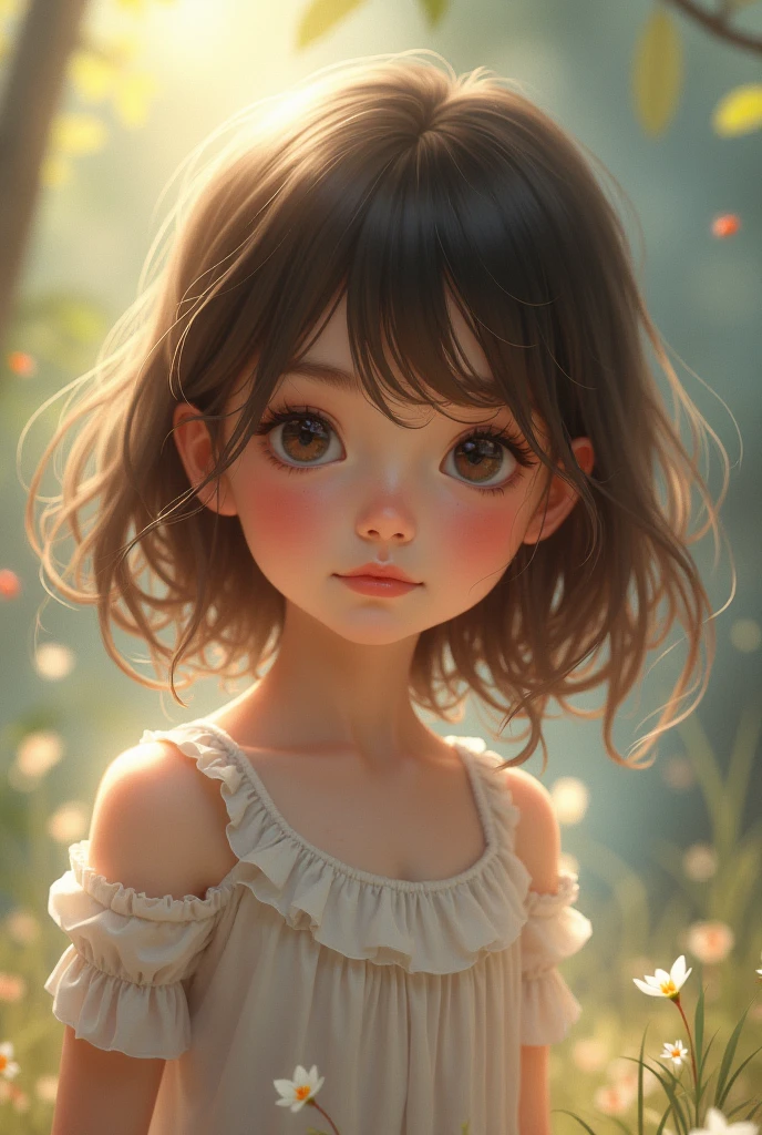 one 3 years old girl , beautiful, short hair ,half body shot, looking at the viewer, masterpiece, best quality, super detailed.