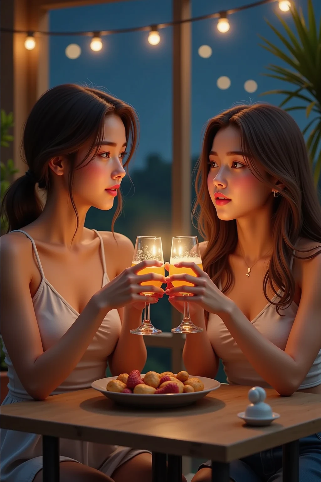 On the table, best quality, illustration, Extremely detailed, Fine details, high resolution, 8k wallpaper, Perfect dynamic composition, Beautiful and delicate eyes, Summer women&#39;s clothing,Short Bob Hairstyle,Small breasts natural lips, Bold and sexy pose,Smile,Harajuku、20 year old girl、Lovely、Sexy shot looking at camera