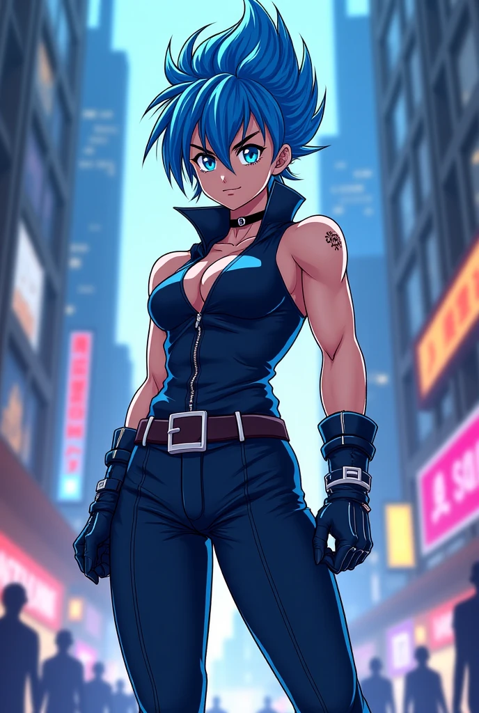 (best quality,4k,8k,highres,masterpiece:1.2),ultra-detailed,(realistic,photorealistic,photo-realistic:1.37),Ami Mizuno as a Mad Max survivor in the Westland,deserted post-apocalyptic world,dusty landscape,harsh sunlight,burning orange sky,gritty and distressed,ripped and tattered clothing,utility belt with survival tools,protective goggles covered with dust,Ami's bright blue hair flowing in the wind,determined and fierce expression,holding a modified high-tech weapon,scanning the horizon for danger,thick layers of dirt and grime on her face and hands,imposing scar across her cheek,distant ruins of a futuristic city in the background,Ami's transformation into a hardened warrior,blending her intelligence and strength,creating an iconic and empowering image,combining anime style with the gritty aesthetics of Mad Max.