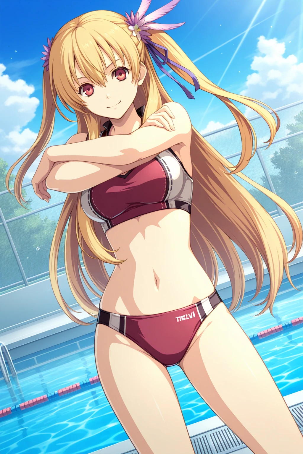 masterpiece、Highest quality、High resolution、Asuka Langley 、Long Hair、Glowing Skin、Light background、Topic Emphasis、Soft and natural lighting、Creating a dreamy and magical atmosphere。Daytime poolside、((tall。Beautiful breasts、Small breasts))、鬠红、Closed lip makeup、lipstick、(Heavy makeup)、clavicle、Halter neck、Striped bikini、Orange Bikini、O-ring、High Leg、Waliza、