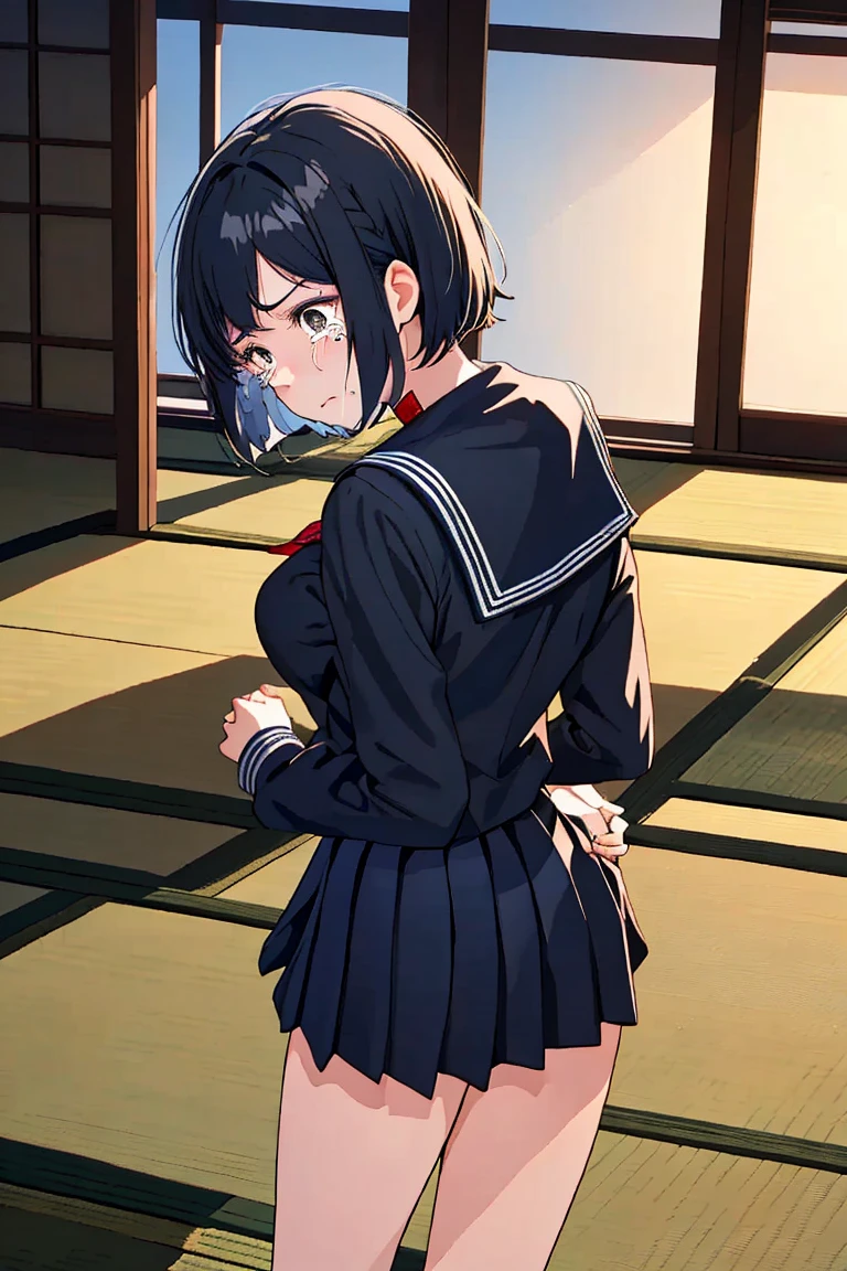A girl in a sailor uniform with erect nipples, black hair, short bob, small breasts, and pale pubic hair is tied up behind her back with a rope while standing in a Japanese-style room and crying in disgust.、From head to ankle