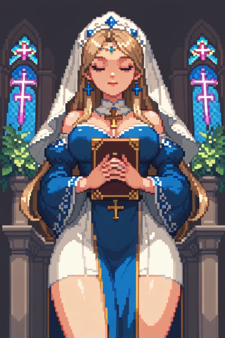 (masterpiece, top quality, best quality), pixel,pixel art,A nun,church,thickbody,blue and white cloth,sit on chair,fullbody