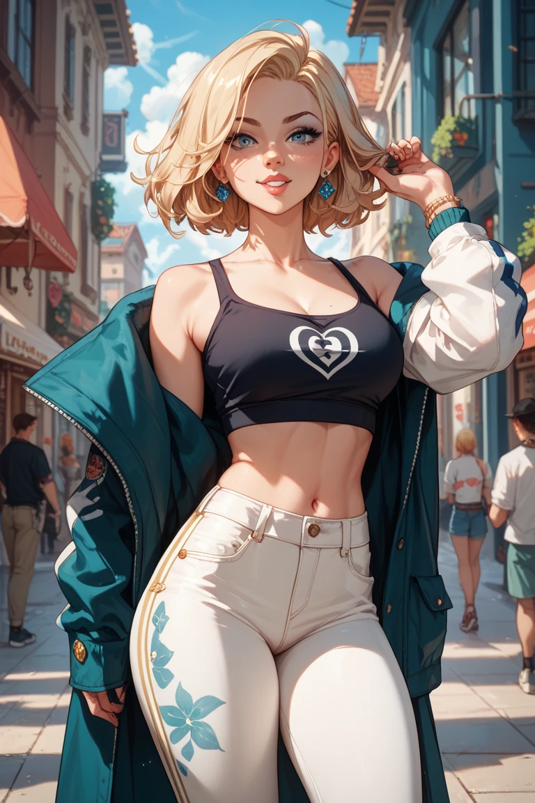 (masterpiece,best quality,absurdres,beautiful,aesthetic,detailed),outside,1girl,altSaki, blue eyes, blonde hair,dark skin,hair between eyes,hoodie,midriff, dolphin shorts,smug <lora:yoshidasaki-nvwls-v1:0.9> <lora:dolphin_shorts_v0.1:0.8>