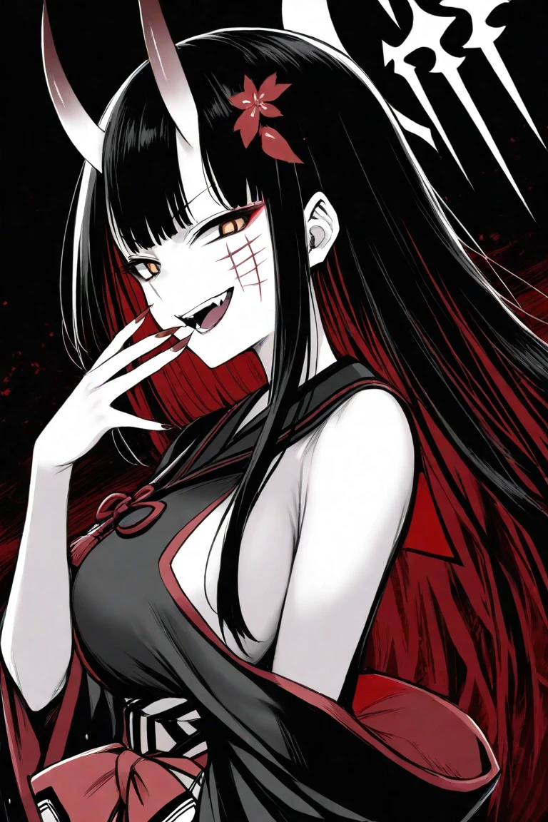 21 yo woman, <lora:Hisako-11KIv9:0.8> Hisako, grey skin, black hair, - white eyes, or glowing eyes, long straight hair, teeth, open mouth, torn clothes, long hair, (insanely detailed, beautiful detailed face), hair over one eye, 
detailed eyes, , fit body, hetero, sexy, (mystical body scars), (narrow waist), navel, Japanese Red Lavish Kimono, (beautiful)
fantasy, magical, fit body, makeup, blush, eyeliner, long eyelashes, [perfect teeth], 
good hands, anatomical hands, (dynamic pose:1.1),
thighhighs, navel, 0001SRGoodPictureV3