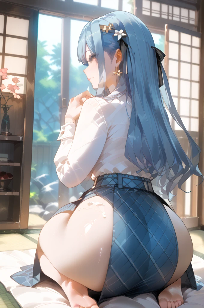 (masterpiece), hdr, proud mood,cleavage yamato, earrings, hair stick, bare shoulders, japanese clothes, kimono, rope, sleeveless kimono, shimenawa, high ponytail, looking at viewer, lightning effect, bathing, room, indoors, ass, big ass, big breasts
