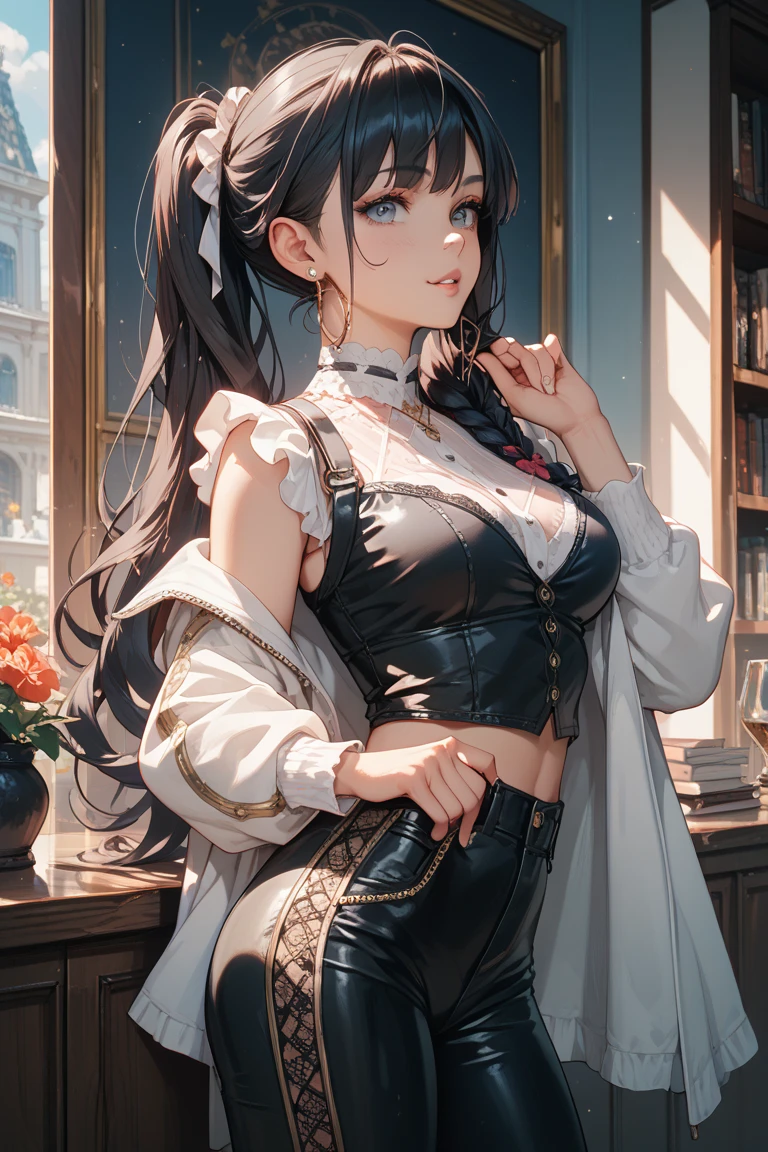Vast angles, View from the summit, Inside Guldur Valley, Dark floor, First floor with balcony and a view of the abyss, And the floor below the madness staircase, Thorn, Spike Wall. Spooky illustrations, Overly detailed, 8K resolution. Horror Art.24-year-old woman、long hair、Straight Hair、Brown Hair、Purple inner color、Wear off-the-shoulder tops、Cleavage Emphasis、Wear a low-rise mini skirt
