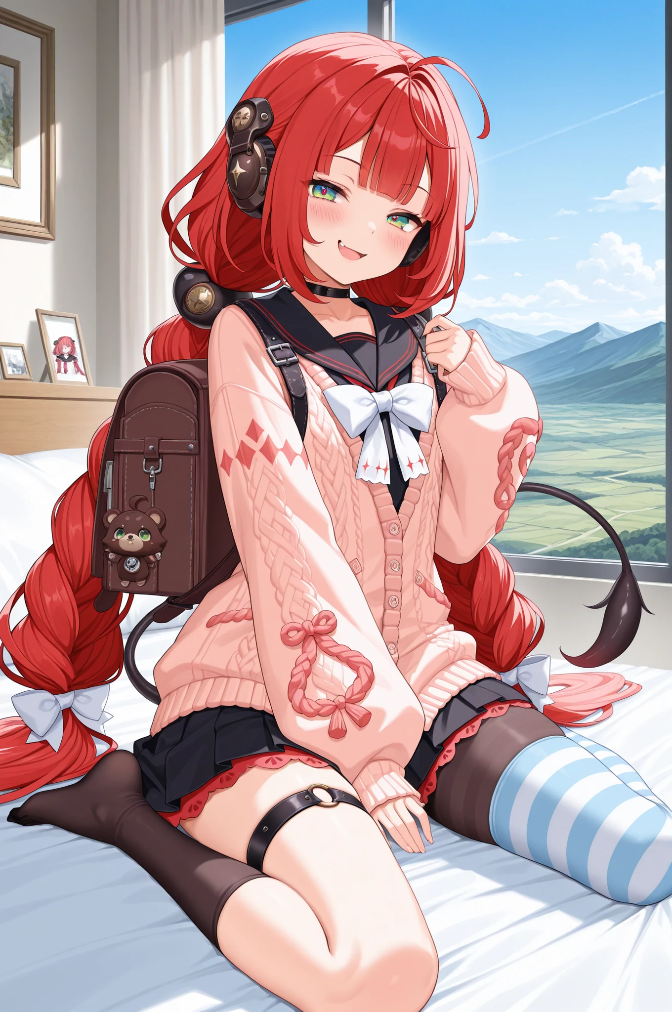 masterpiece, best quality, amazing quality, best quality, wariza,foreshortening,  indoors, sky, landscape,  yuzuha, 1girl, solo, red hair, very long hair, twintails, braid, twin braids, hair bow, low twintails, green eyes, multicolored eyes, bangs, hair ornament, ahoge, tail,  black choker, skirt,  headphones,  striped, thighhighs, asymmetrical legwear, black skirt, black footwear, pantyhose, black sailor collar, serafuku, backpack, long sleeves, cardigan, puffy long sleeves, sleeves past wrists,  thigh strap,  open mouth, blush, smirk, on bed, shoeless, feet, no shoes, 