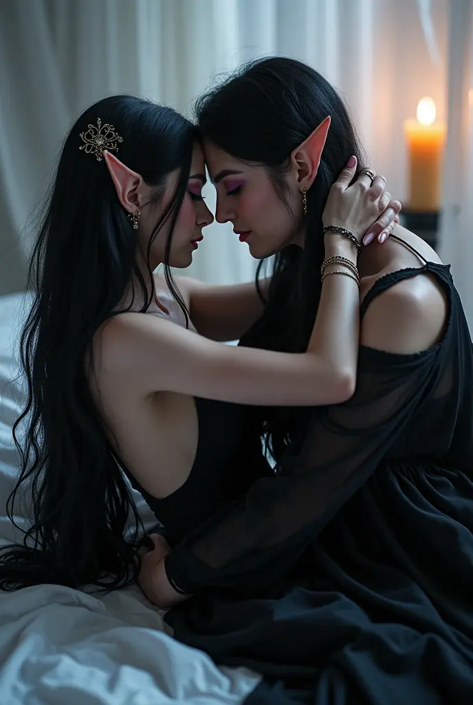 3girls,sucking penis, tall and beautiful elf woman, kissing naked,with yellow pupils, contempt in her eyes, a cold expression, a haughty posture, a straight chest, dark skin, a purple transparent veil, purple tied hair, showing her chest and shoulders , showing her navel and thighs, looking up at the camera, in a medieval inn.