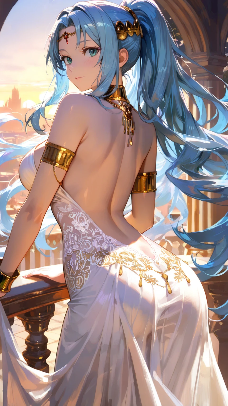 Create an image of a reserved girl with silver hair and cyan eyes, glancing downward with an uncertain expression. Her hair is shoulder-length and slightly curled at the ends, adorned with a delicate tiara. She is dressed in a flowing, ethereal gown, standing in a grand ballroom with chandeliers and marble floors. The camera angle is from behind, capturing her delicate form and the opulent surroundings. Ensure the image is a masterpiece with the best quality, very detailed, and very delicate.