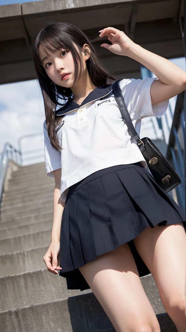 (8k, RAW photo, best quality, masterpiece:1.2)、(Real、Photorealistic:1.37)、1 Girl、Japanese、Black Hair、Long Hair、smile、((View your viewers))、(from below:1.4), (a 18years old pretty Japanese girl standing on school classroom. school uniform)、Cowboy Shot、Close-up from the thigh up、(White sailor suit high 、Ribbon on chest、Pink and grey tartan check pleated mini skirt)、(White panties can be seen from the pleated skirt)、A navy blue schoolbag is slung over one shoulder.、((Sunset sky、cloud))
