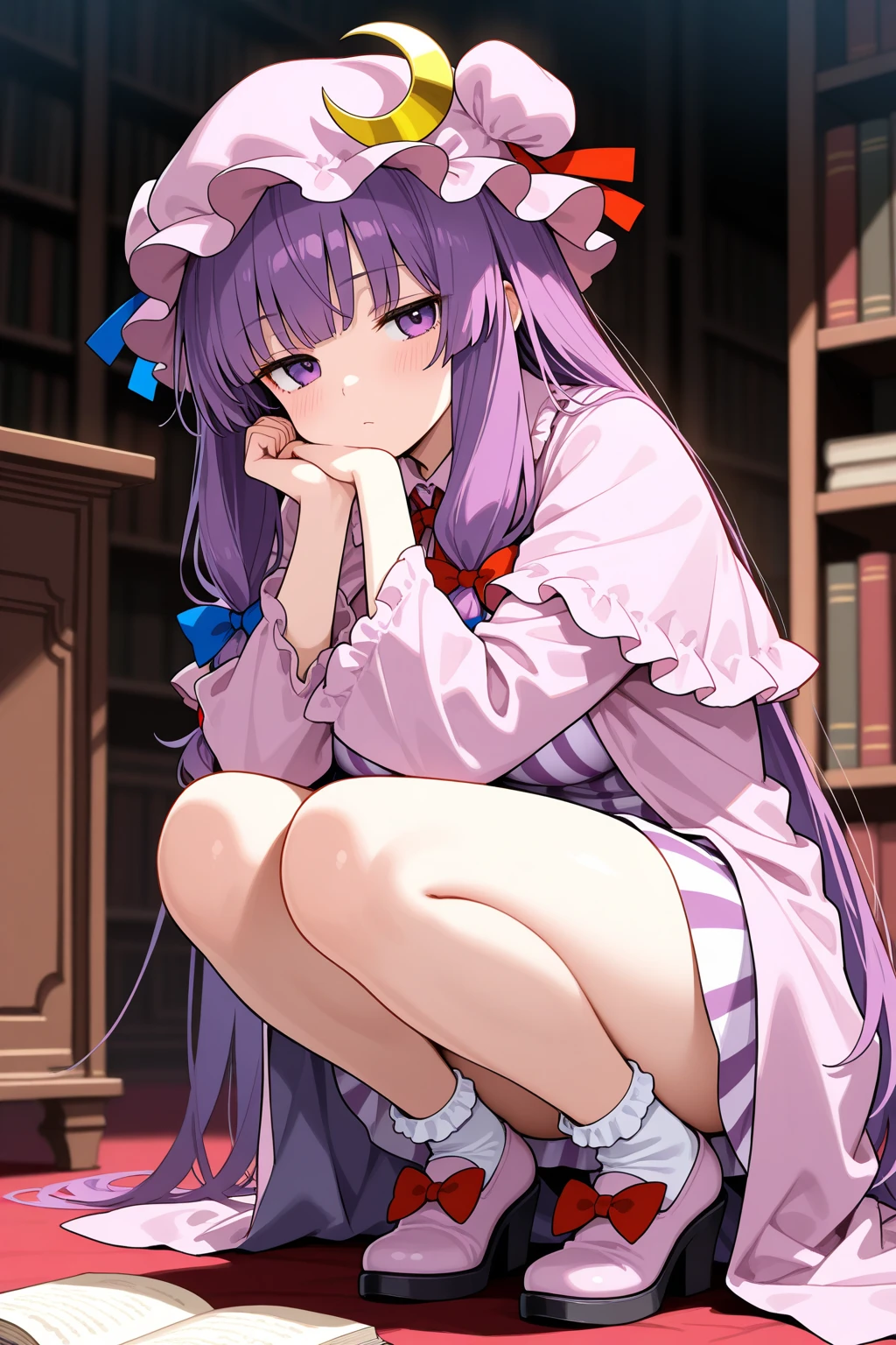 masterpiece, best quality, young woman, dark purple hair, very long single braid, bright purple eyes, white collared shirt, furisode sleeves, thin red bow tie with a diamond-shaped pin on the front of the bow under the collar, black high-waisted pleated skirt, dark purple high socks, white ear flap ushanka hat, calm, expressionless, dark room with a little bit of blue and purple light, wires hang haphazardly, dark