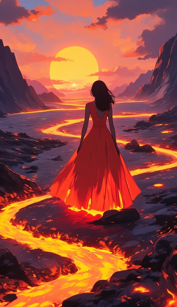 i need a anime girl with strong aura and black hairs, brown eyes, beautiful and elegant girl. the around should be on the fire