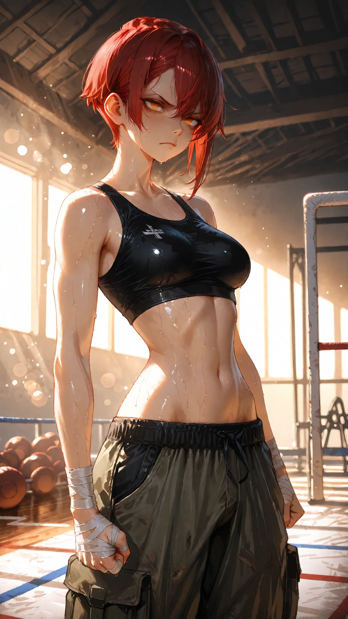 (zPDXL2), score_9, score_8_up, score_7_up, source_anime, 2d, 

(tomgirl), short ginger hair, punk hair style, half shaved hair style, (shy face:1.35), athletic, muscular, strong body, (fox ears, fox tail), action pose, hands , (wearing thigh yoga pants, wearing oversize long tank top), narrow hips, solo, showing belly, red eyes, 

AissistXLv2, unaestheticXL_bp5, SimplePositiveXLv2, zPDXL2 PonyXLV6_Scores