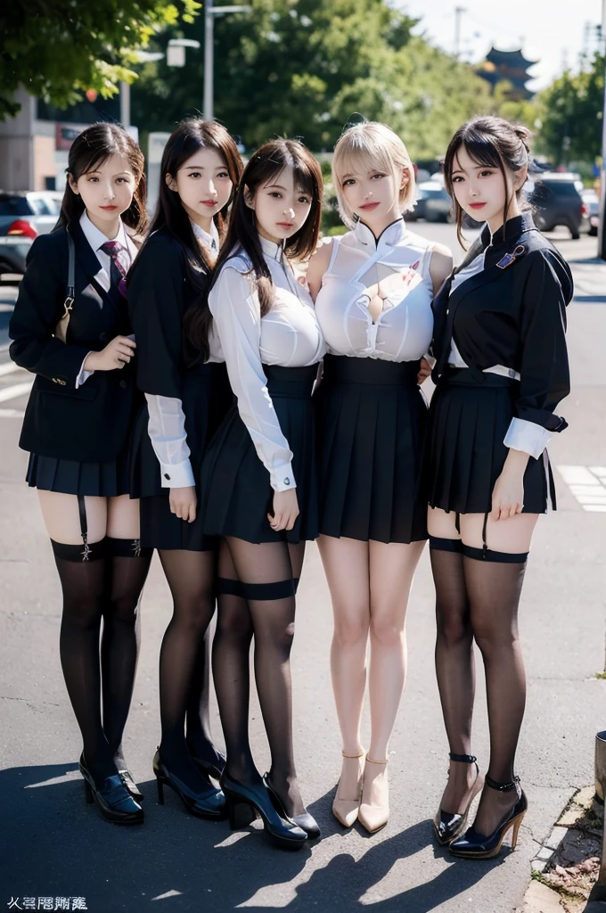 ((((There are four people:1.8))))、((4 sisters))、gal、(neon street)、(((Four tall high school girls with model-like figures:1.8)))、(Standing facing this), Full body photo shoot、(((Group photo of gals on school trip:1.7)))、(wide thighs, Very Long Legs), high heels on the ground, classroom, (masterpiece:1.3), (8K, realistic, Raw photo, highest quality: 1.4), beautiful face, (realistic face), (blonde short cut:1.3), realistic eyes, Pretty pretty eyes, realistic skin, beautiful skin, ultra high resolution, Super realistic, very detailed, golden ratio, cute, cute female teacher, High school girl in summer clothes, surreal high school girl, pleated micro mini skirt, Milk splashed on the uniform、Wet panties、pantyhose, (black stockings)、high heel loafers, full body figure, thin arms, (big breasts)、black leather designer bag、 High school girl in jk uniform, surreal high school girl, pleated micro mini skirt, Milk splashed on the uniform、Milk splashed on pantyhose、pantyhose, black stockings、high heel loafers, full body figure, thin arms, big breasts、 wide thighs、long legs,
