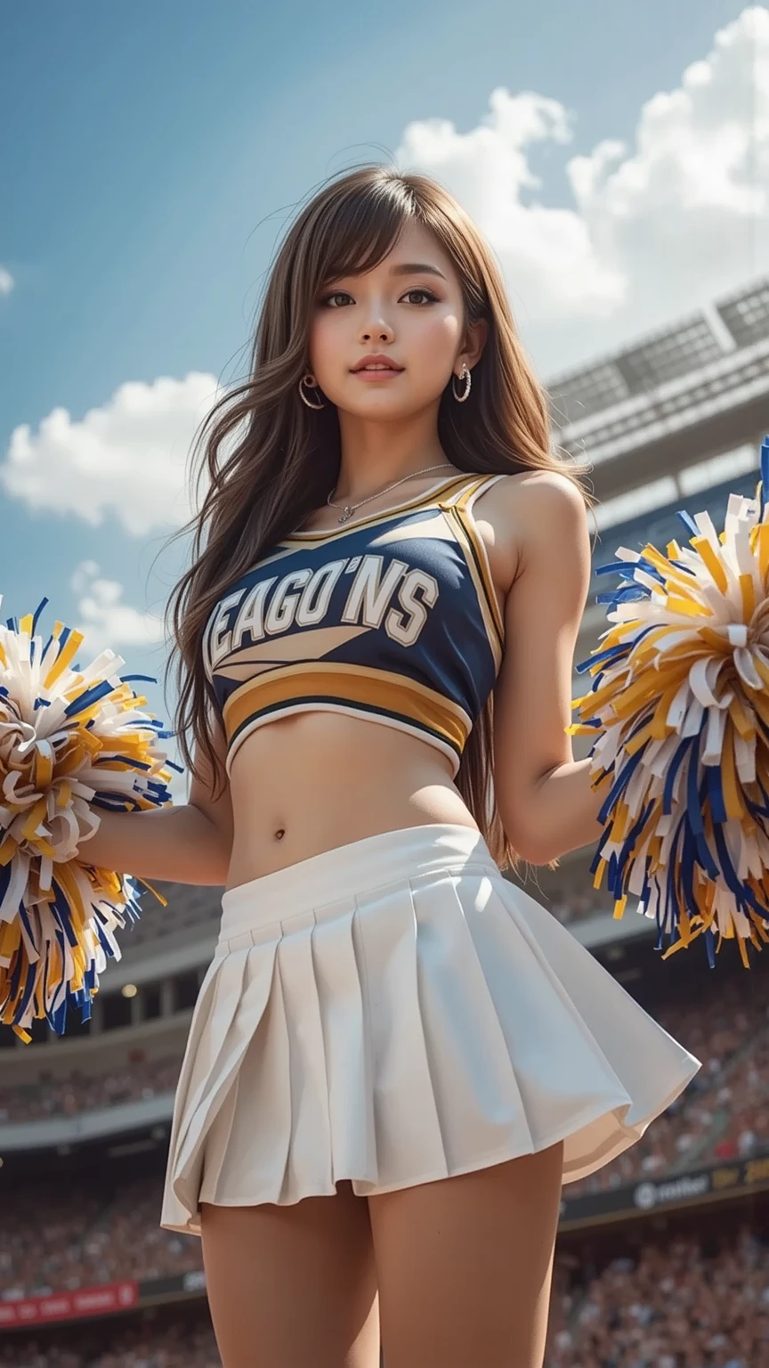 (8K, top-quality, masterpiece:1,2), (reallistic, Photorealsitic:1.37), Super Detail, One girl,), (Highly detailed), (beautifully detailed eyes), (of the highest quality), (super detailed ), (masterpiece), (Detailed face),20yr old, ,1 girl, full body, black hair,Very short hair, big breasts, clothed, Perfect Lighting, looking at viewer, aroused face, naughty face, underboob, ((panty shot , up-skirt)), cheerleader, cheer, pom-poms, track and field, track and field track, cheerleading, standing,Cheerleaders are cheering with pompoms, one foot is up, navel gazing,no bra,braless,