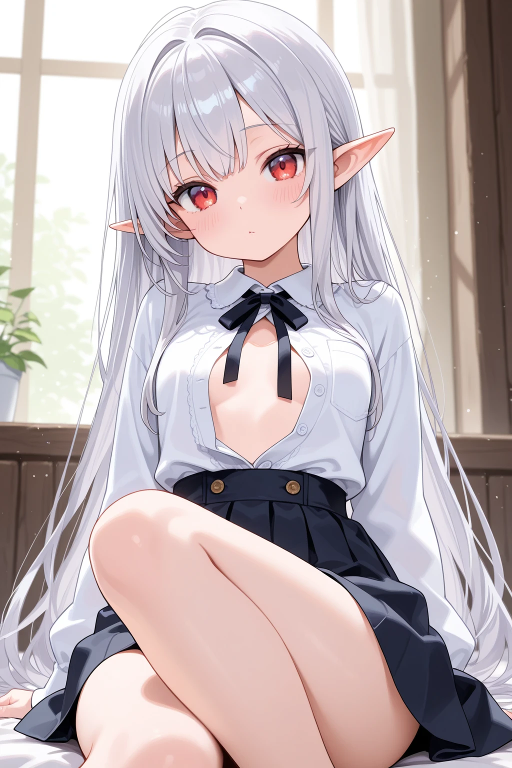 photorealistic, (4k), depth of field, (Masterpiece), (realistic skin texture), extremely detailed, intricate, hyper detailed, high resolution, professional photography, bokeh, sharp detail, best quality, woman, standing, japanese style, no cloth, shining breasts, blush, blush on face, looking at viewer, frieren, long hair, twintails, (green eyes:1.5), grey hair, pointy ears, elf, job skirt, white shirt, shirt is wet, wet shirt, transparent shirt, seductive, unbottened, small breasts, , nipples under shirt, unbuttoned, unbuttoned shirt, shirt covers tits, woman job skirt, job skirt, black skirt, skirt tug, from below, white lace panties