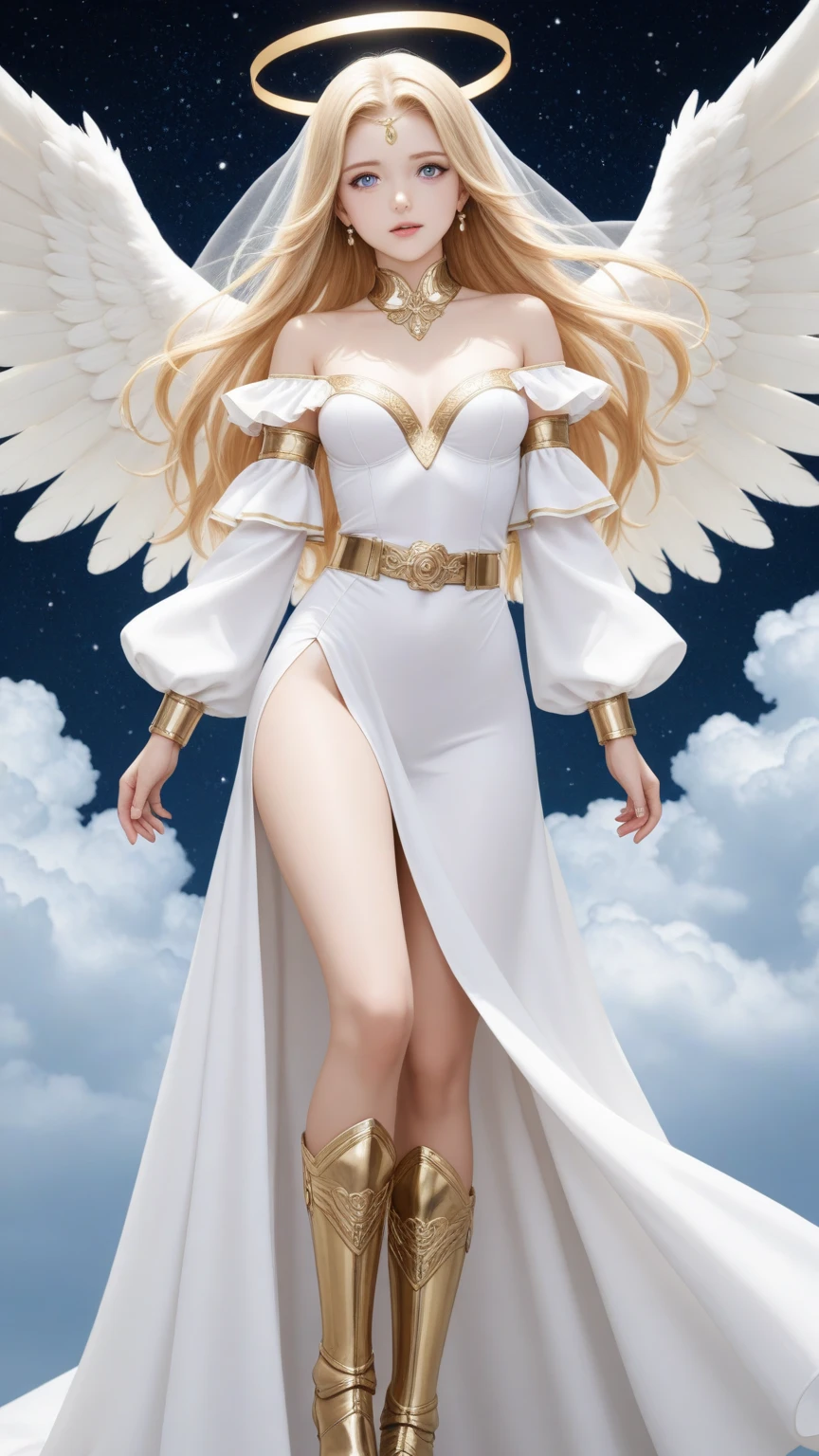 1 girl, alone, aphroditeS ,white angel wings, cabelo loiro curly, curly, hair ornamen, Flowers in the hair, Breasts huge, white gown, deep decolte, necklase, gold bracelets, work of art, best qualityer, swirly vibrant colors, full body shot shot, full mouth , Look of desire, sweaty body, white loincloth