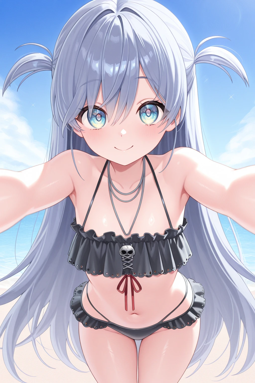 Close your mouth、1girl、(((best quality)), ((masterpiece)), (details), masterpiece, best quality, high quality, ulutra detailed, perfect face, BREAK、mina、((girl、Sparkling Eyes、Cat ear：2.0、Silver Bob Hair：2.5))、 hot limit, underboob, BREAK つやのある髪、Glowing Skin、blush、Lustful look、arms behind head, cowboy shot, smile, singing, open legs, BREAK sea, blue sky,